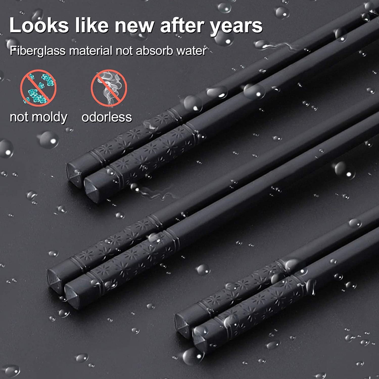 Kienlix 10 Pairs Fiberglass Reusable Non-Slip Chopsticks for Sushi, Noodles, Fried Rice (24 cm, Black) 1
