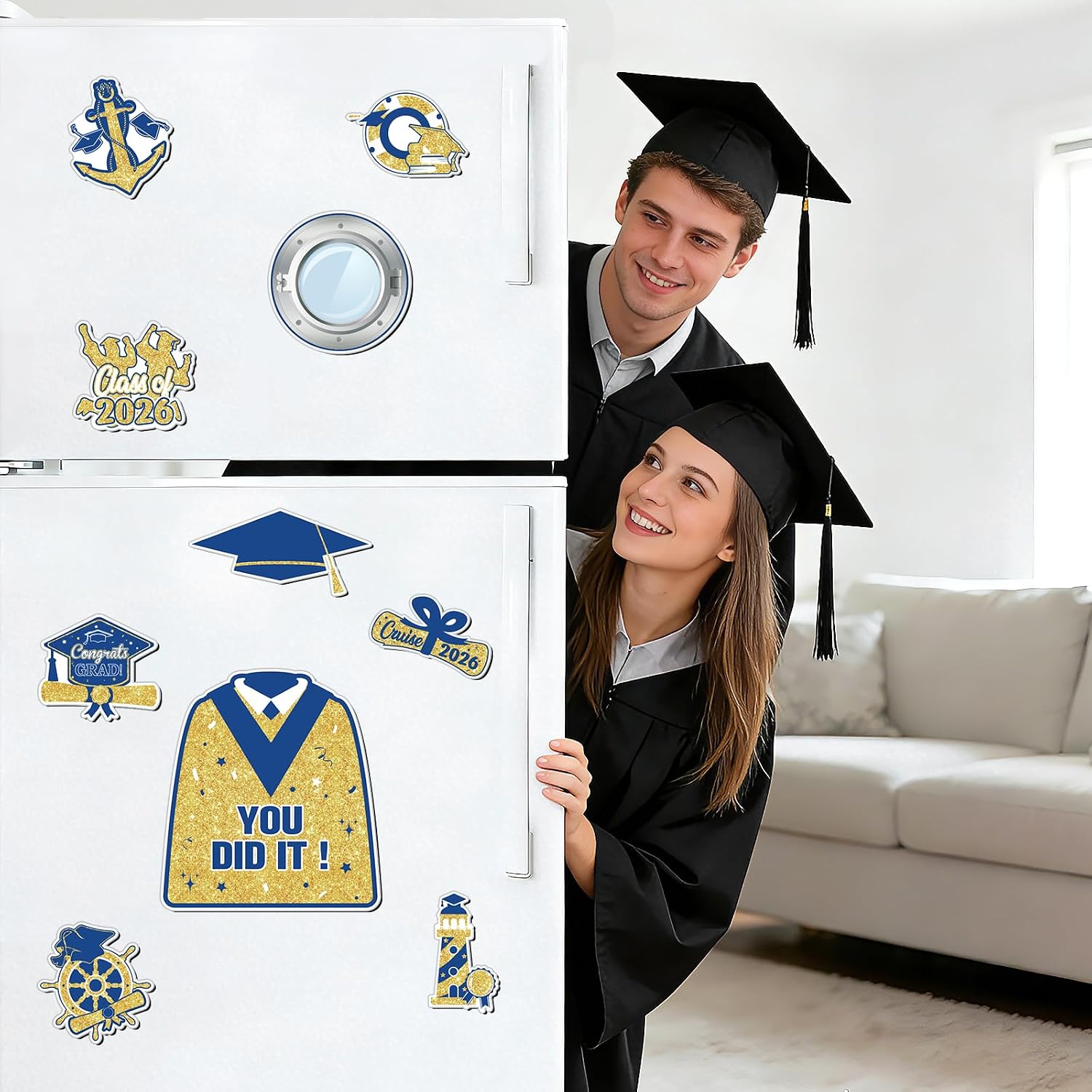 2026 Graduation Cruise Door Decorations Magnetic, 10 PCS Blue Gold Class of 2026 Graduation Cruise Door Magnets Congrats Grad Ship Magnetic Decals Decor for Grad Party Supplies Cabin Refrigerator Car image 4