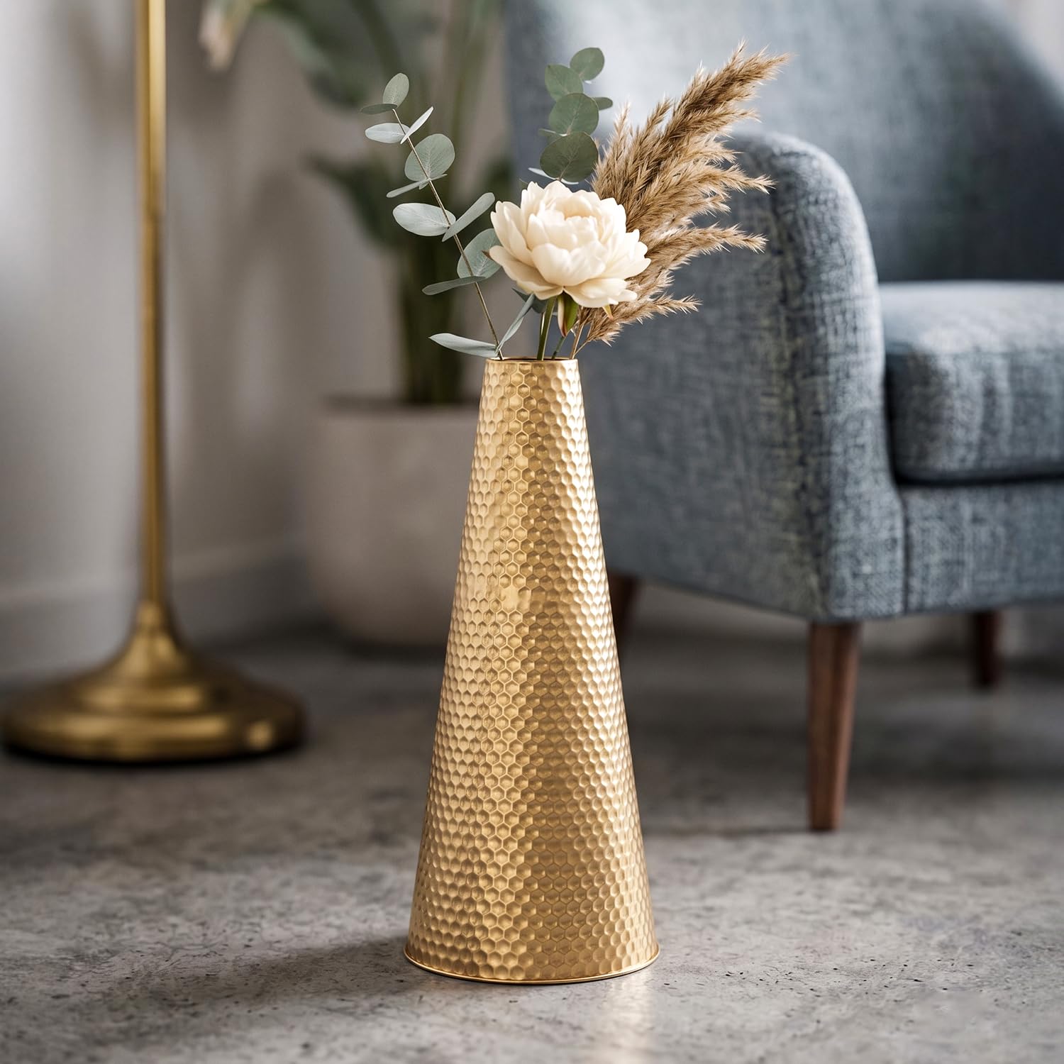 Nostrae by Ekhasa Unbreakable Tapered Golden Metal Vase for Home Decor (Size: 45.5 cm) | Honeycomb Design Flower Holder | Tall Conical Floor Accent for Living Room | Housewarming Wedding Gift