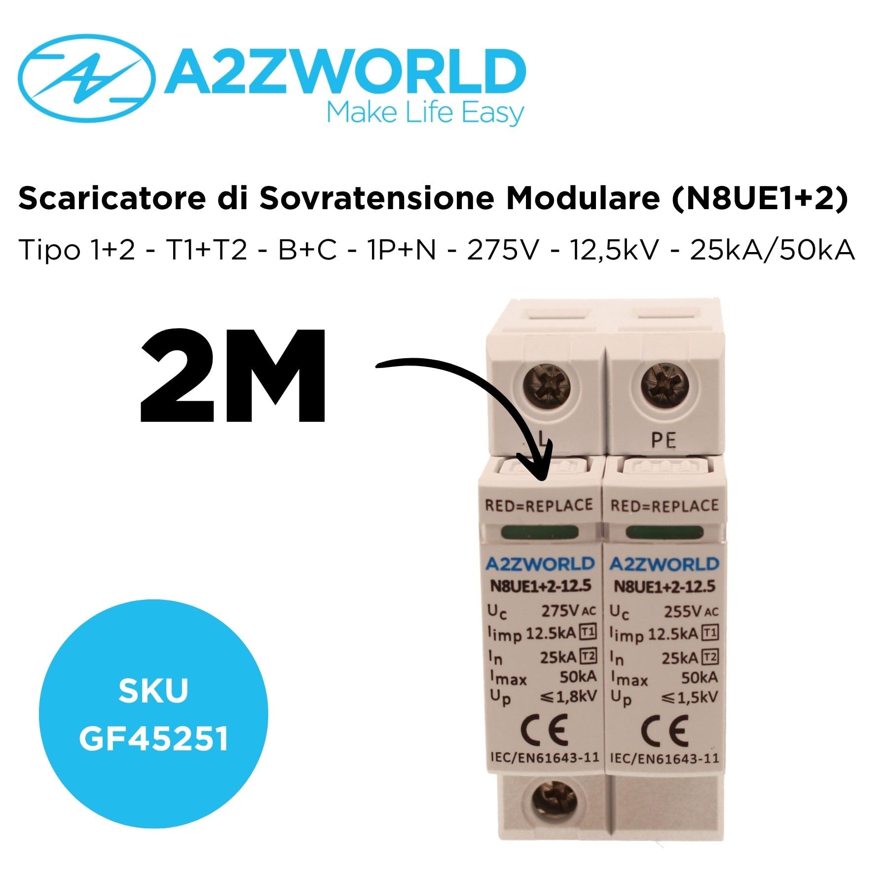 Scaricatore Di Sovratensione 220V Tipo 1 e Tipo 2, 2P T1+T2 B+C 275V 8KA 25KA Da 2 Poli, Occupa 2 Moduli DIN, Protegge Impianti Da Fulmini e Picchi Di Tensione