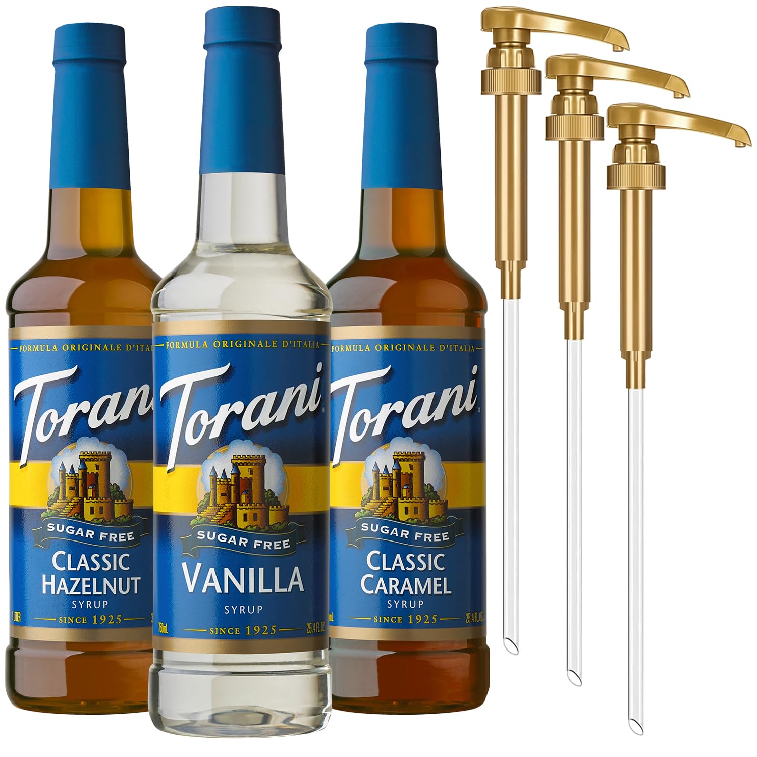 ToraniSugar Free Syrup, Coffee Lovers Variety 3-Pack, Vanilla, Classic Caramel, Classic Hazelnut Syrup for Drinks, Zero Calories, Pumps Included, 25.4 Fl Oz Ea