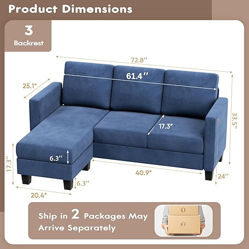 Vista 2 de VICTONE Convertible Sectional Sofa Couch, 3 Seat L-Shaped Sofa with Linen Fabric Ottoman Small Couch for Small Apartments, Living Room and Office