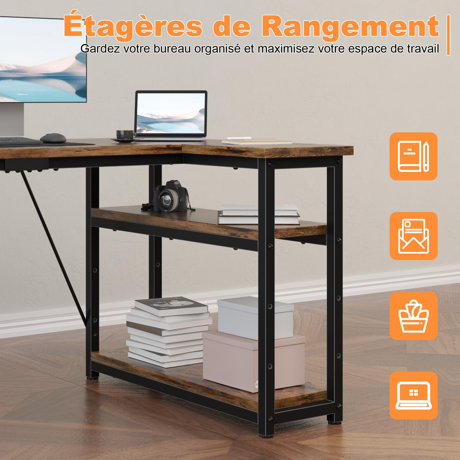 TRIUMPHKEY Bureau d'angle 120x80x75CM avec 3 Etagères Réversible à Gauche ou à Droite, Bureau Forme L pour Domicile, Marron