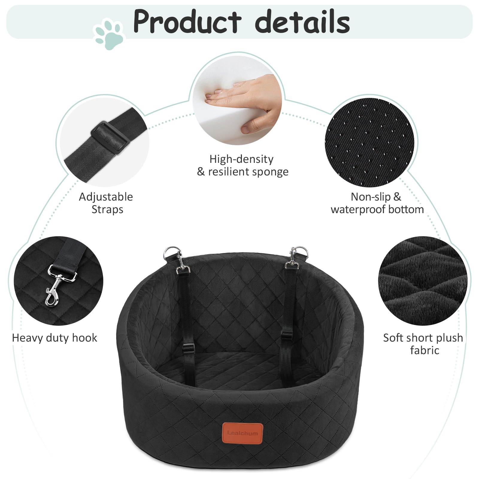 Lealchum Lealchum Dog Car Seat with 2 Safety Dog Leashes, Safe Pet Travel Car Seat with Non-Slip Bottom, Fully Removable and Washable Seat for Dog, Soft Memory Foam Puppy Seat for Car (Black, Small) in use
