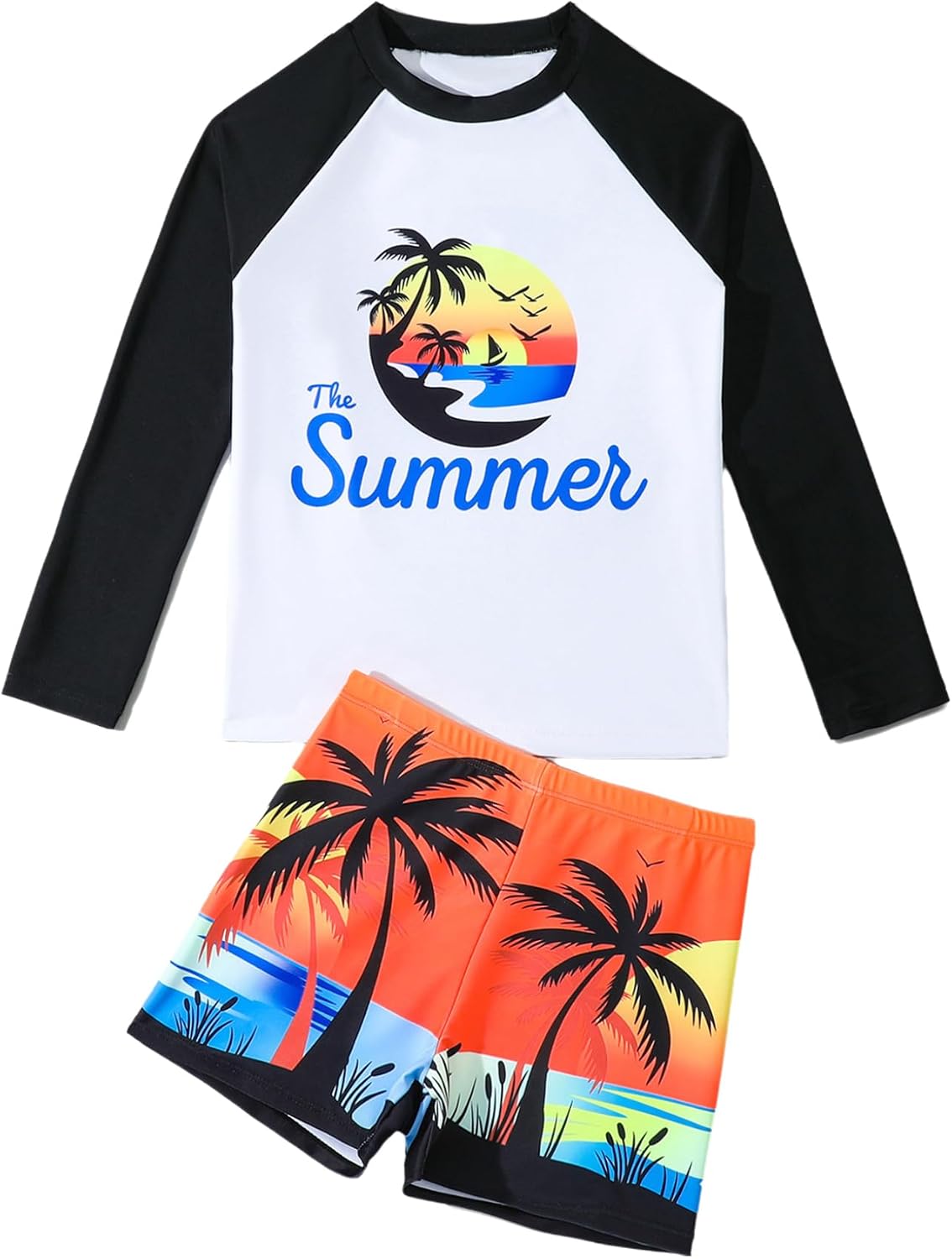 Kids Boys Two Pieces Athletics Swimsuits UPF 50+ Long Sleeve Swim Shirts with Shorts