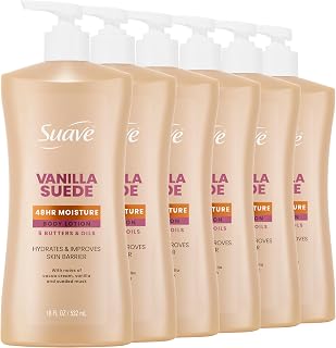 Suave Vanilla Suede Body Lotion with 48-Hr Moisture, 18 fl oz, 6-Pack | Vanilla Scented with Shea Butter, Coconut Oil, Cocoa Butter, Argan Oil & Soybean Oil for Moisturized, Hydrated, Soft Skin