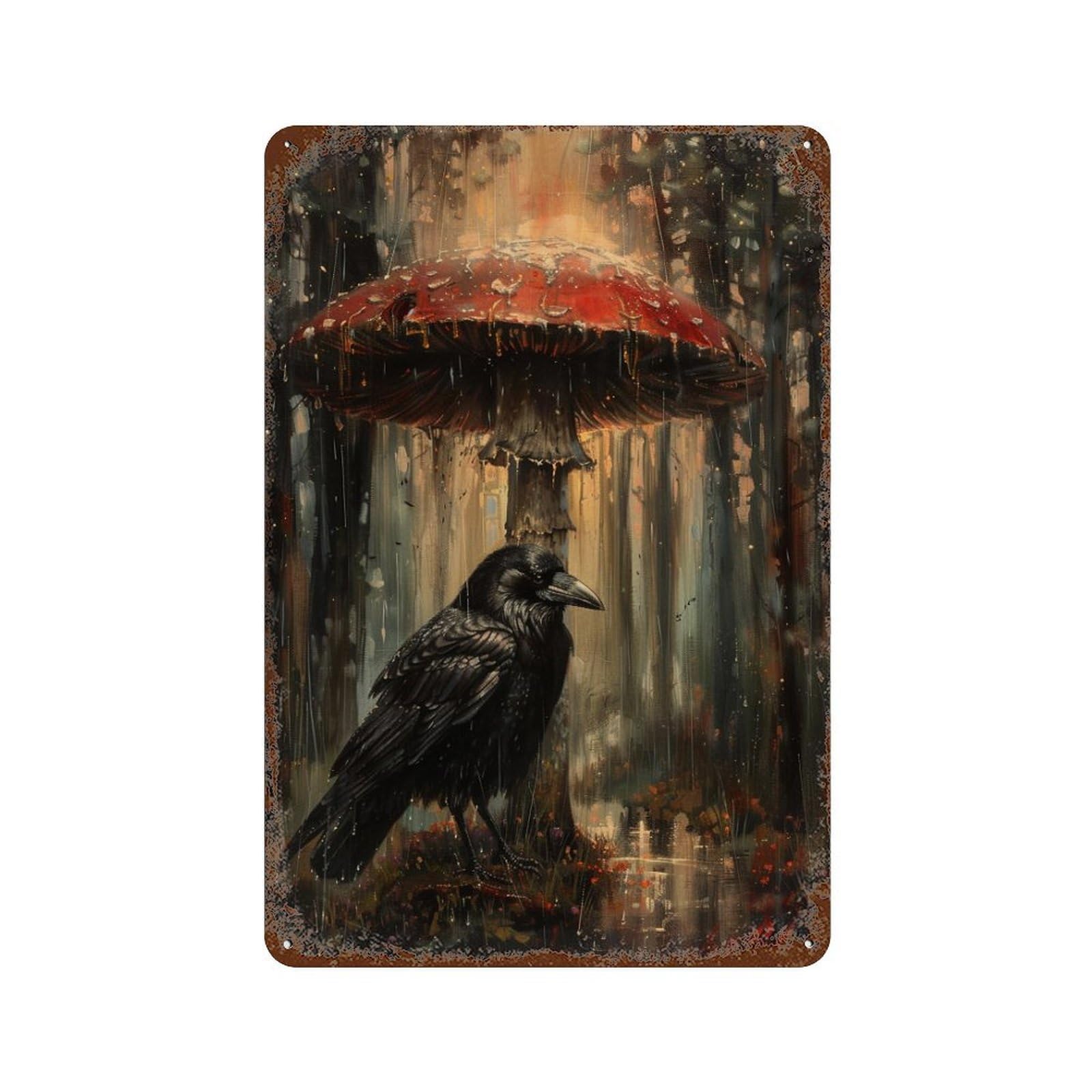 Rainy Forest Mushroom Scene Vintage Rust Metal Sign 11.8"x7.9", Ideal for Cafe, Home Bar And Lounge Decor