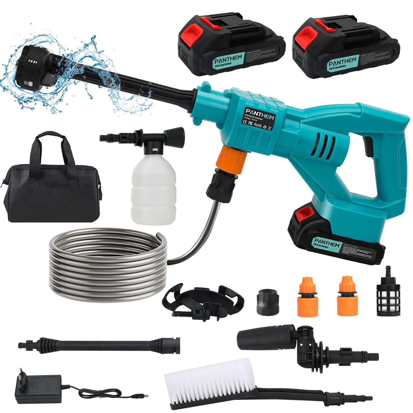 Hidrolimpiadora Inalámbrica con 2.0Ah Baterías 30Bar Lavadora a Presión | Compatible con Makita 18 V, Pressure Washer con Batería Recargable Boquillas 6 en 1 para Coche Cerca Piso Limpieza Riego