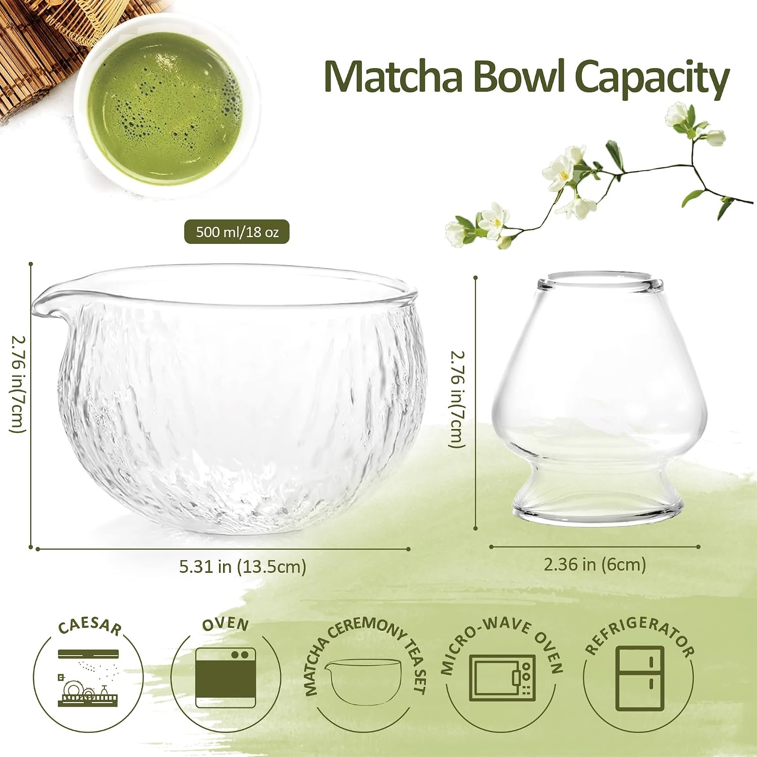 Matcha Bowl and Whisk Holder Set, Glass Matcha Bowl with Spout, Ceremonial Mixing Chawan, Clear Traditional Japanese Matcha Kit for Tea/Matcha Powder/Soup - Hammer Pattern