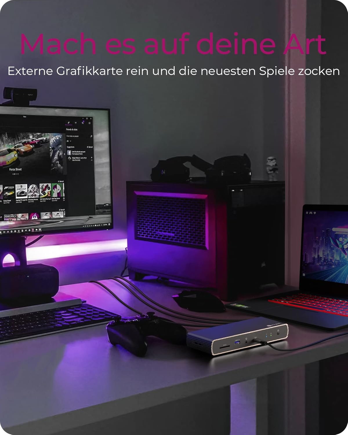 ICY BOX Thunderbolt 4 Docking Station connected to an external graphics card in a gaming setup.