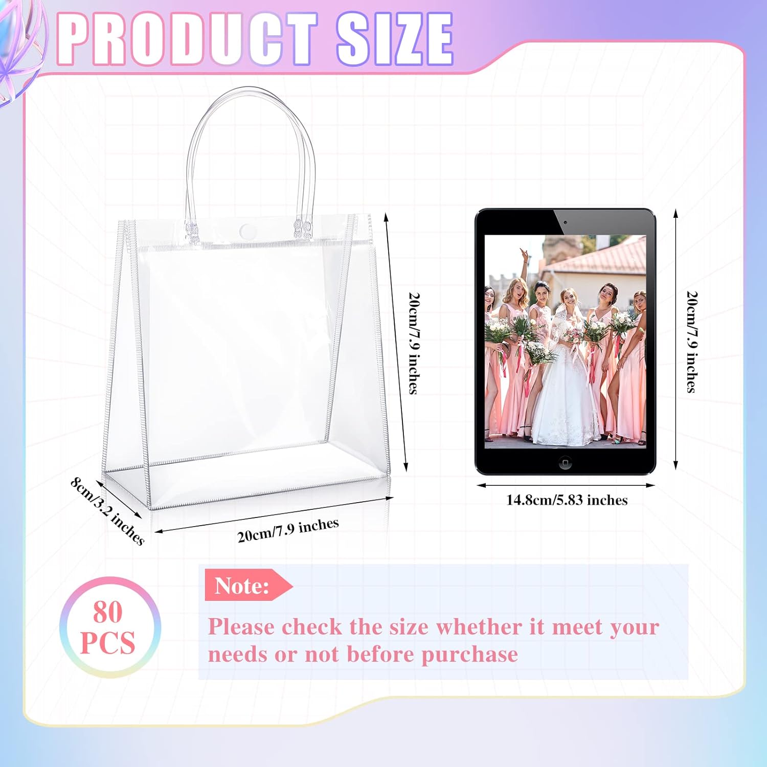 Saintrygo 80 Pcs Clear Plastic Gift Bags with Handles Small Transparent PVC Reusable Tote Gift Bags for Shopping Wedding Favor(7.9 x 7.9 x 3.2 Inch) - Image 2