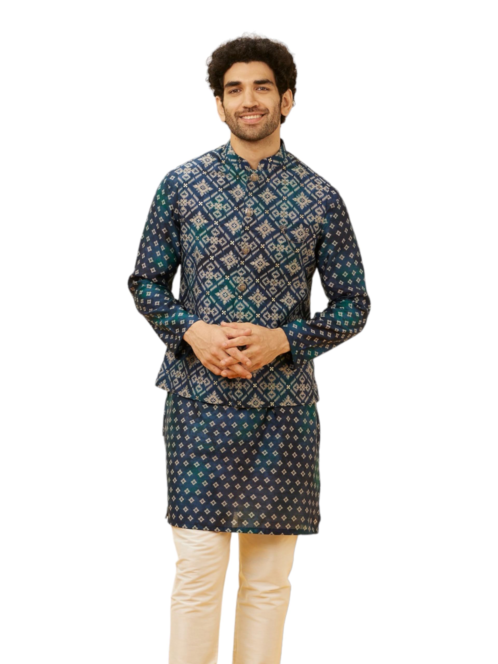ManyavarMen's Viscose Blend Foil & Digital Print Kurta Jacket Set (3pcs)
