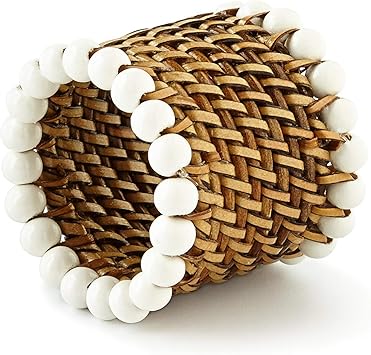 Set of 4 Woven Round Bead-Rimmed Napkin Rings