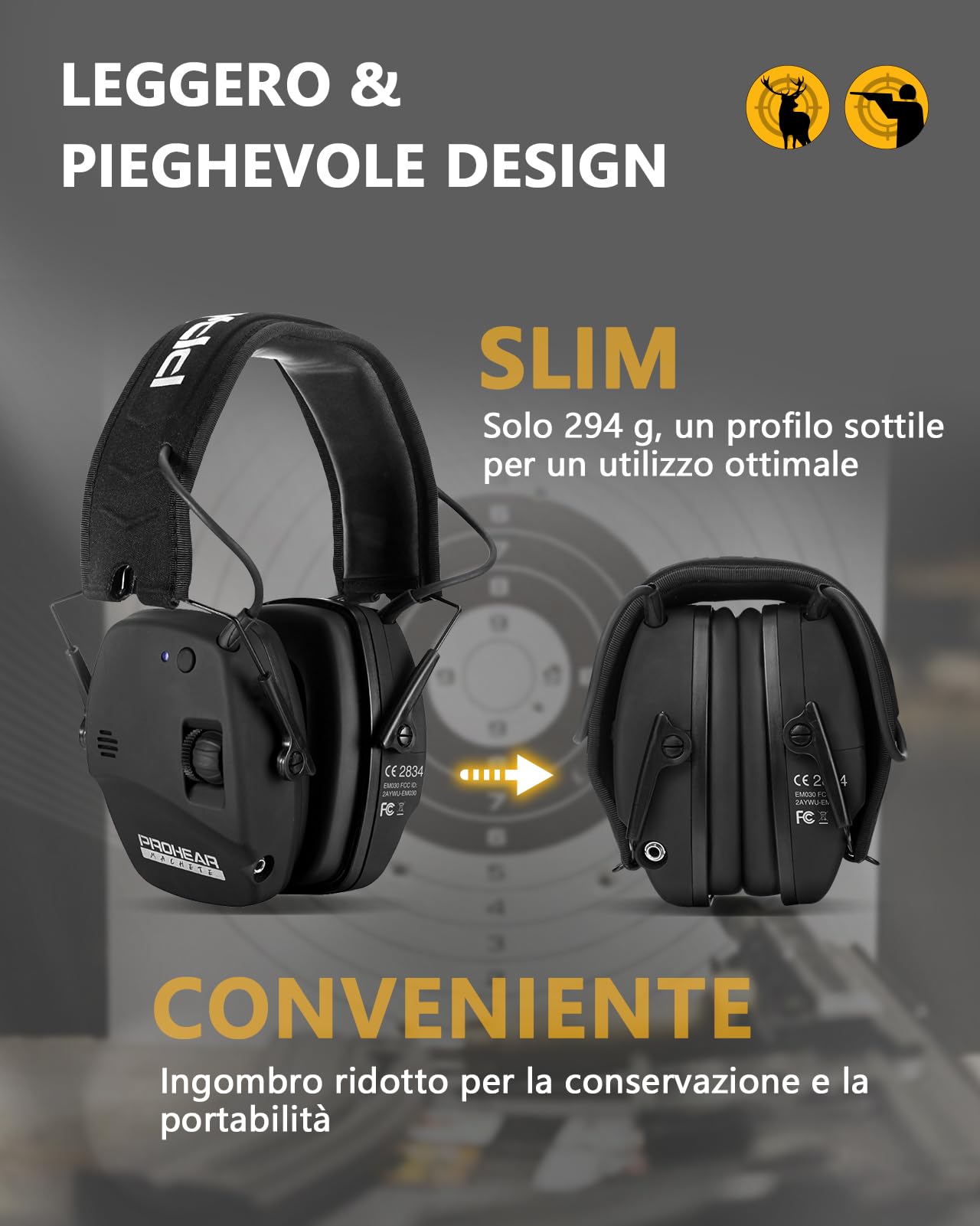 PROHEAR Cuffie Poligono Elettroniche Tiro Sostituibile Cuscinetti Orecchie, SNR 27dB Riduzione del Rumore Regolabile, Protezione dell'Udito de Caccia Amplificate Suono, Bluetooth