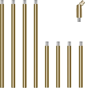 8 Pieces M10 Threaded Extension Poles Lighting Fixture Downrods Stems & 180 Degrees Sloped Ceiling Adapter Kits for Pendant Light, Island Lighting, Chandeliers Brass