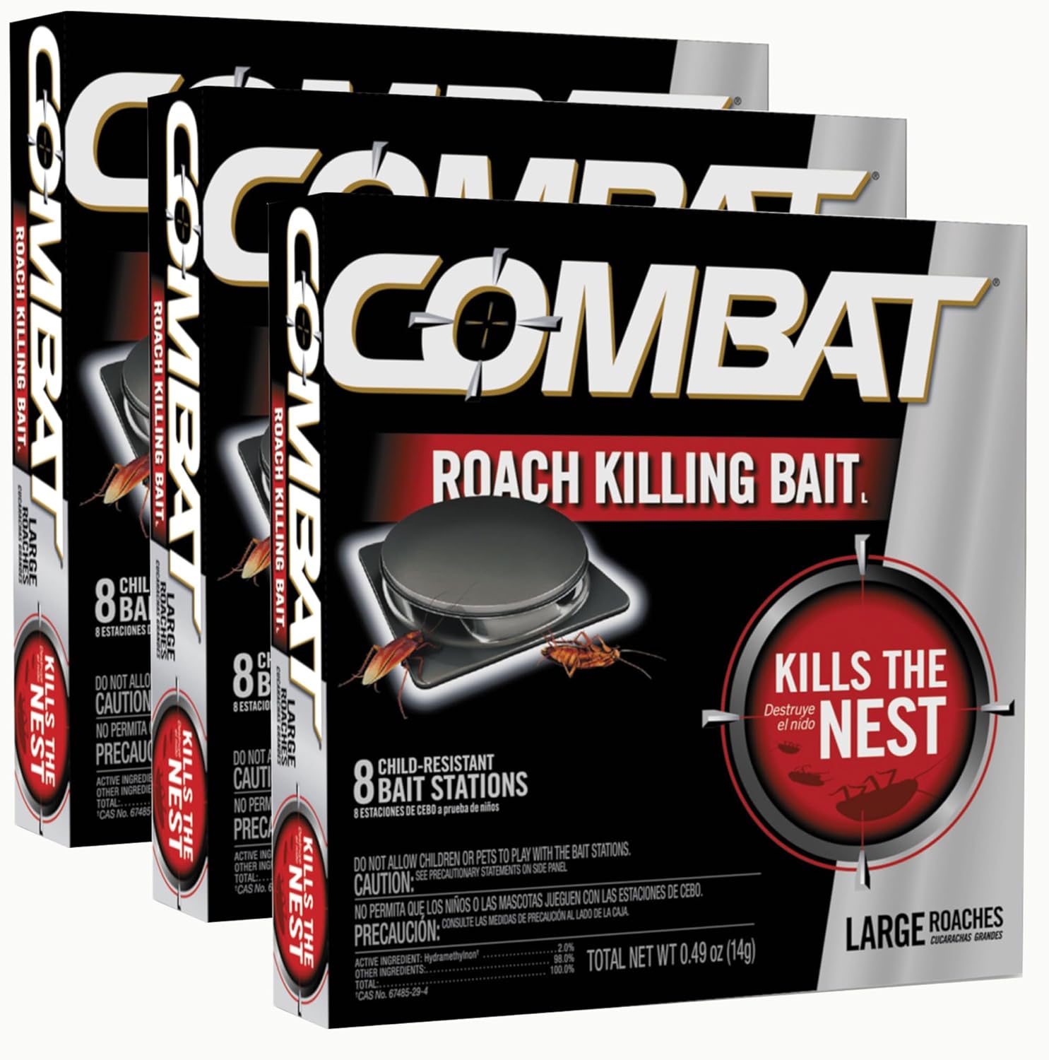 Combat Roach Killing Bait for Large Roaches, Kills The Nest, Child Resistant, for Waterbugs and Cockroaches and More, 8 Count (Pack of 3)
