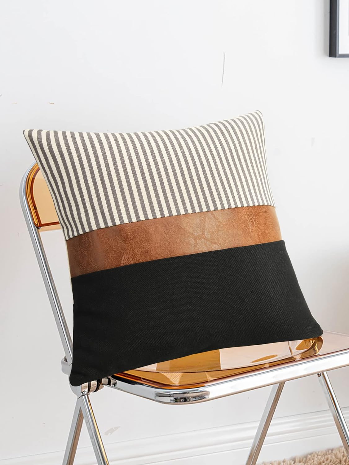 cygnus 24x24 Pillow Covers Set of 2 -Boho Rustic Farmhouse Decorative Throw Pillow Covers for Couch Sofa Bedroom Livingroom,Black Linen Patchwork Faux Leather Couch Covers,Grey