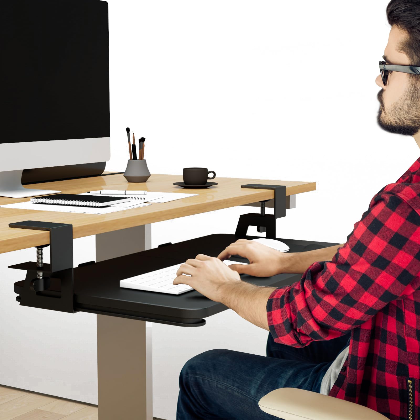 CALASK Desktop Keyboard Tray with Mouse Pad, Under Desk Pull Out, 26.77" X 11.81" Large Size Keyboard Tray with C-Clip Mount, Easy Installation, Computer Keyboard Stand, for Home Study and Office