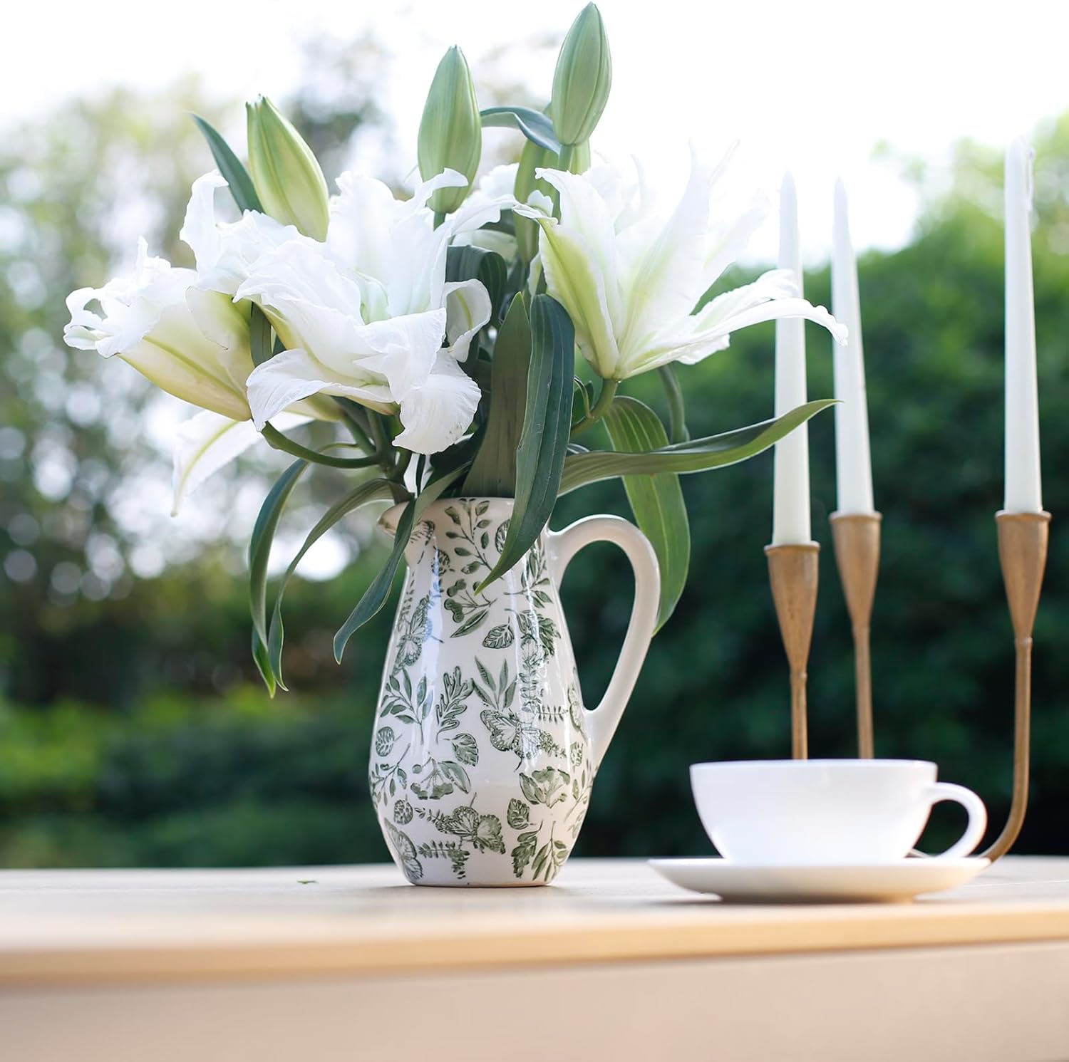 Decorative Ceramic Pitcher Vase, Green and White Floral Pattern, Large Flower Vase for Home Decor (Green and White, Medium)