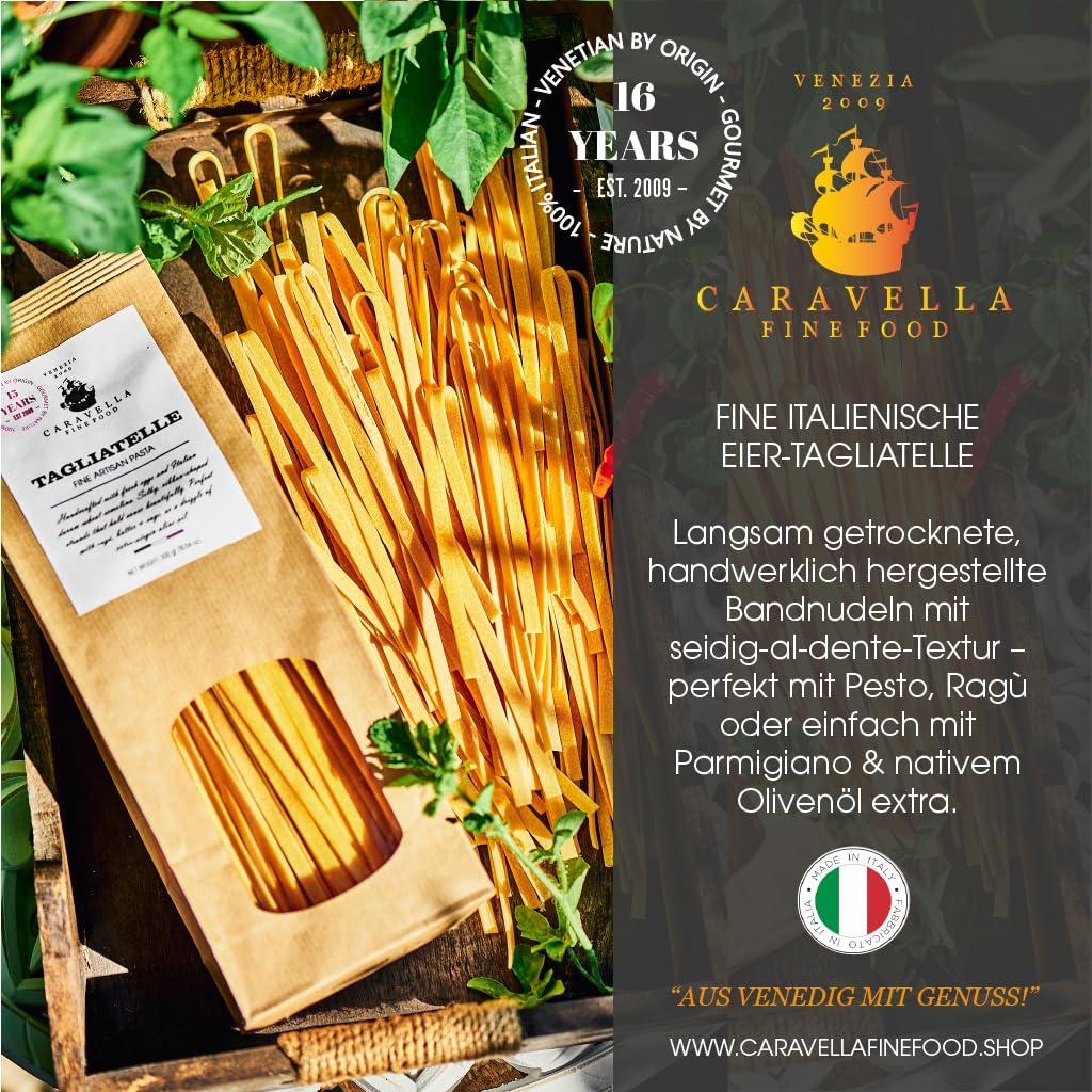 Caravella Fine Food italienisches Pasta Geschenkset mit Tagliatelle Paccheri Parmigiano Reggiano 3 Saucen Bruschette & nativem Olivenöl extra | Premium Feinkost für Weihnachten Geburtstag & Familie
