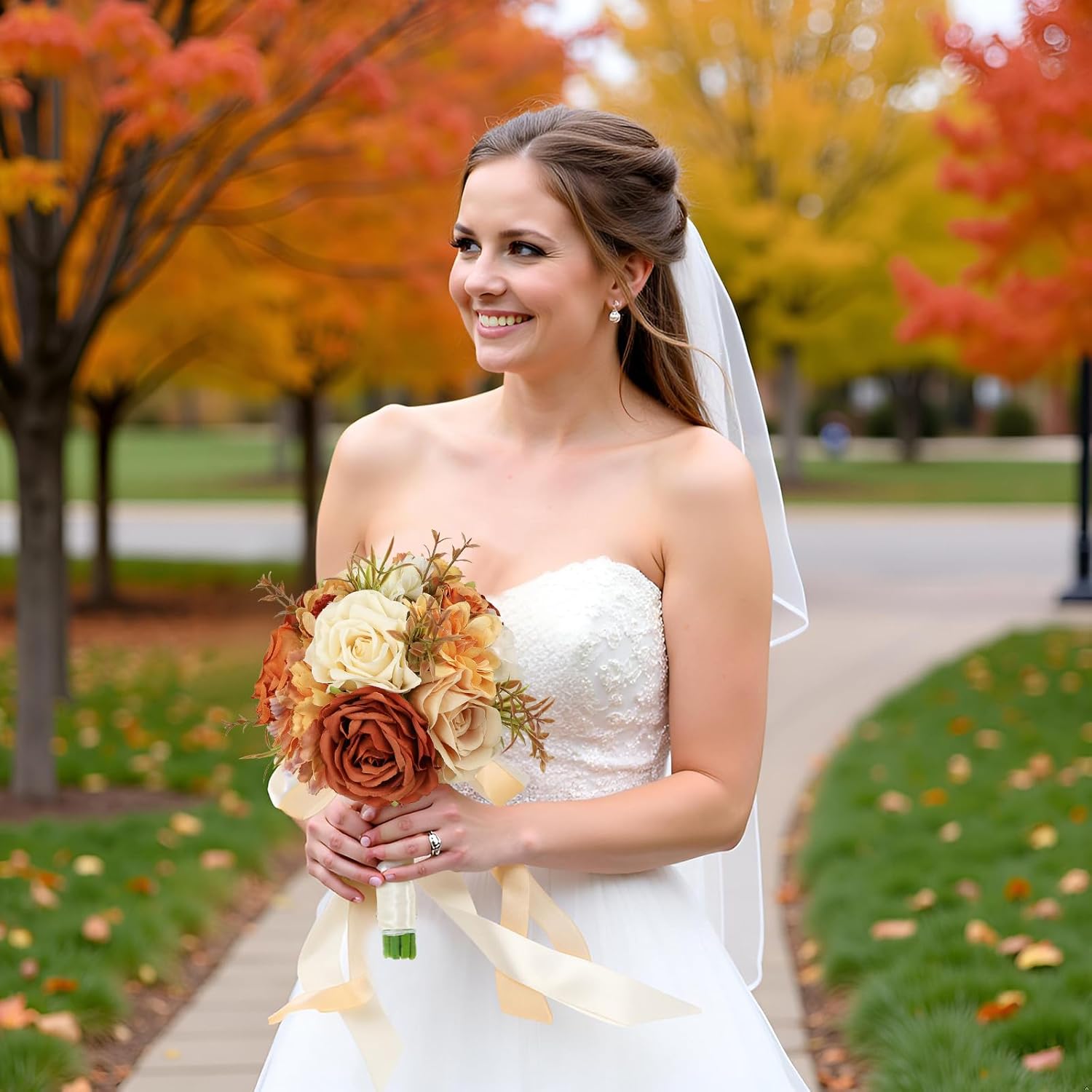 Wedding Bouquets for Bride Bridesmaid 8.5 Inch Burnt Orange Artificial Roses Fall Flowers Bridal Bouquets for Bride Autumn Wedding Marriage Proposal Party Thanksgiving Church Decoration