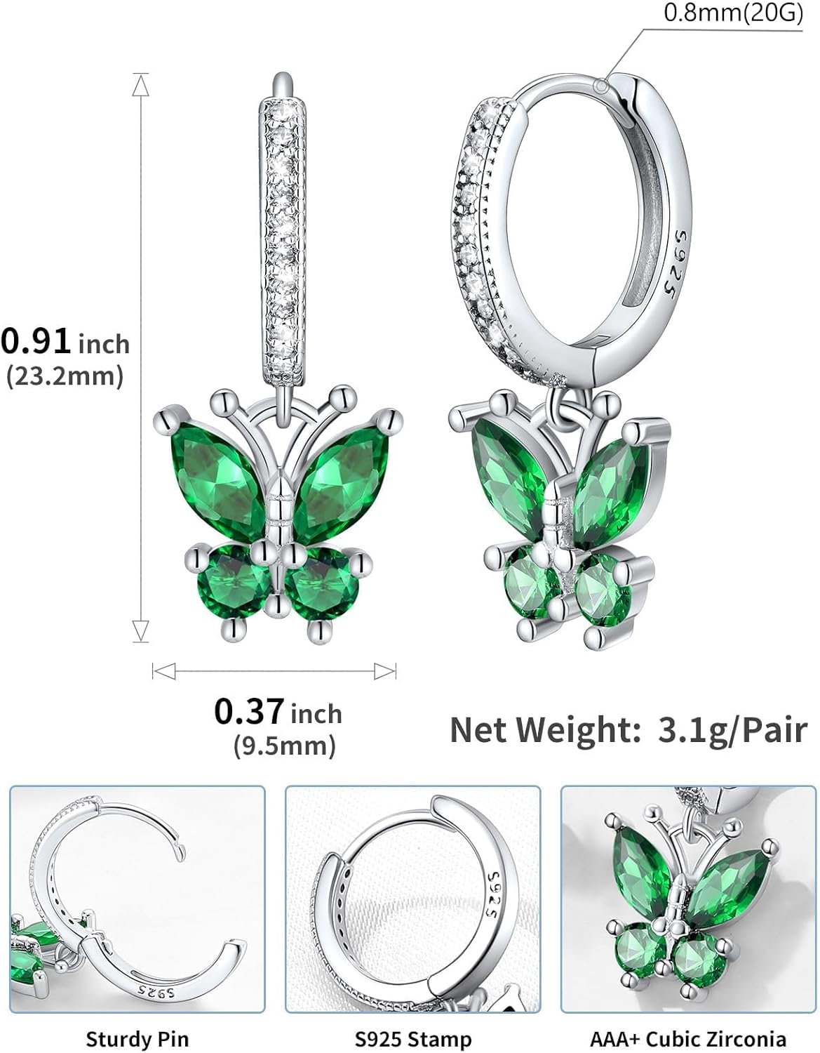 SILVERCUTE 925 Sterling Silver Butterfly Earrings - Hypoallergenic Birthstone Earrings for Women, Butterfly Dangle Earring,Dainty Birthday Gifts for Women/Her - Image 6