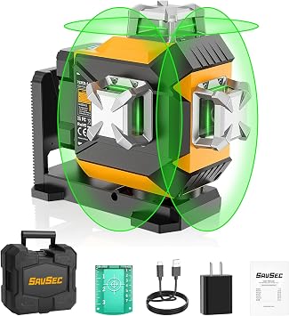 Laser Level 360 self leveling, SAVSEC 3 x 360 Brightness Adjustable Lazer Leveler Tool, 3D Rechargeable Green Cross Line Laser for Construction and Picture Hanging - Magnetic Fine-adjust Wall Bracket