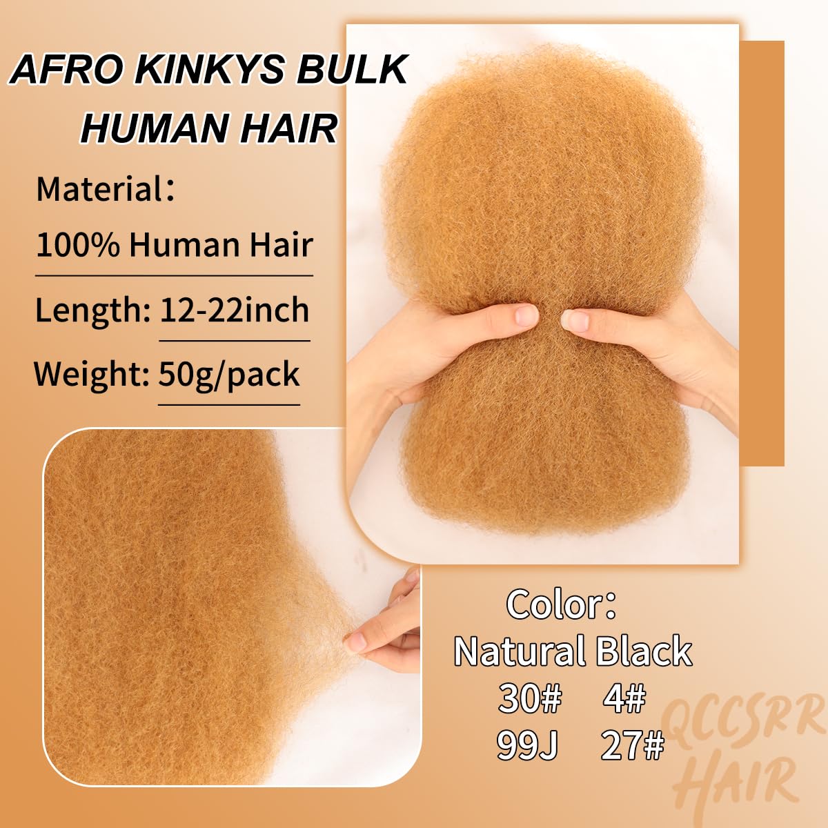 Afro Kinkys Bulk Human Hair 16 Inch 50g/Pack - Afro Kinky-Curly Human Hair Bulk For Mini Twist, Dreadlocks Extensions, Locs Repair & Braiding, 100% Human Hair #27 Honey Blonde
