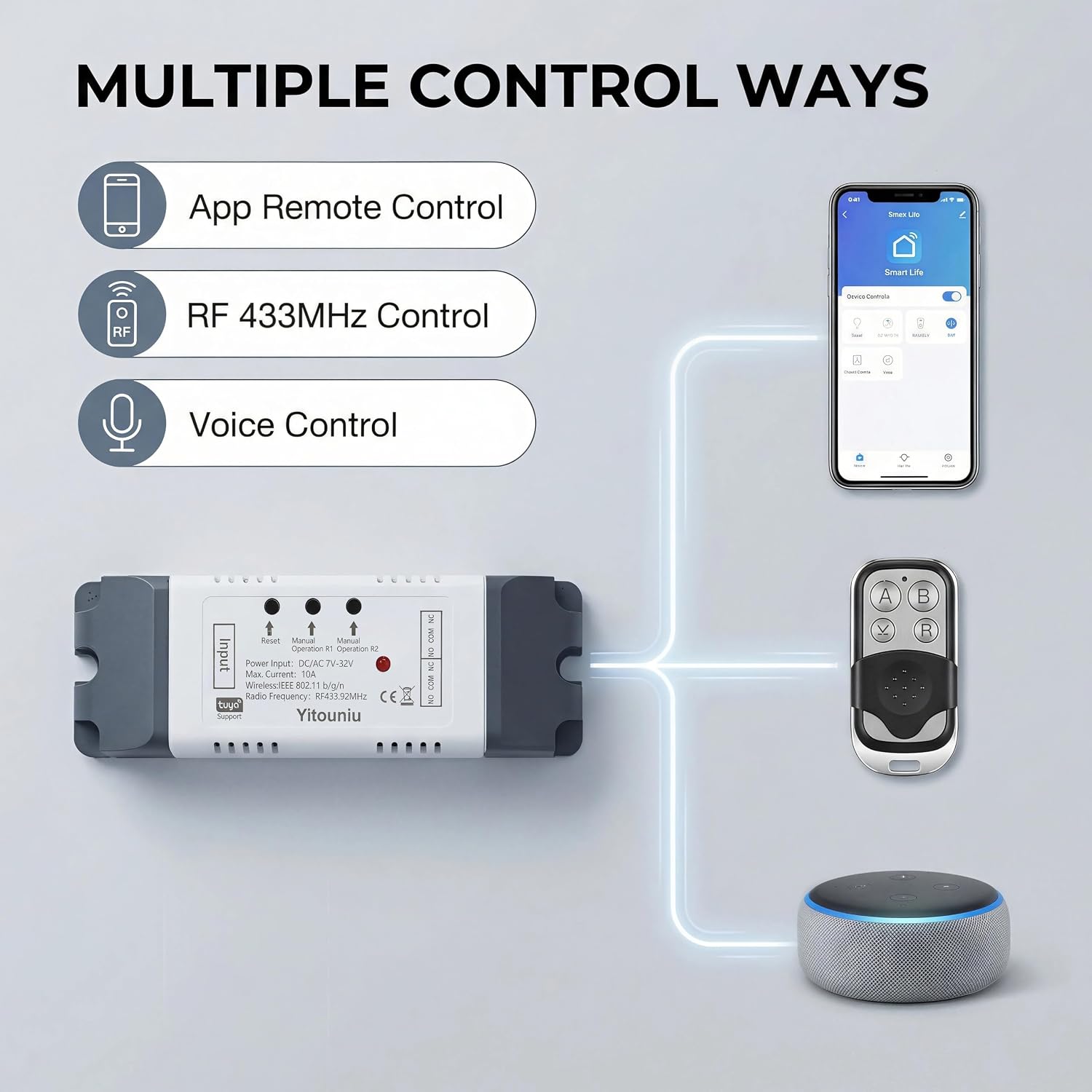2 Channel Tuya Smart Life WiFi Momentary Inching Self-Locking Interlock Relay Switch Module,DC 7-32V Wireless Remote Control with RF Bluetooth, Compatible with Alexa Goolge Home (2CH)