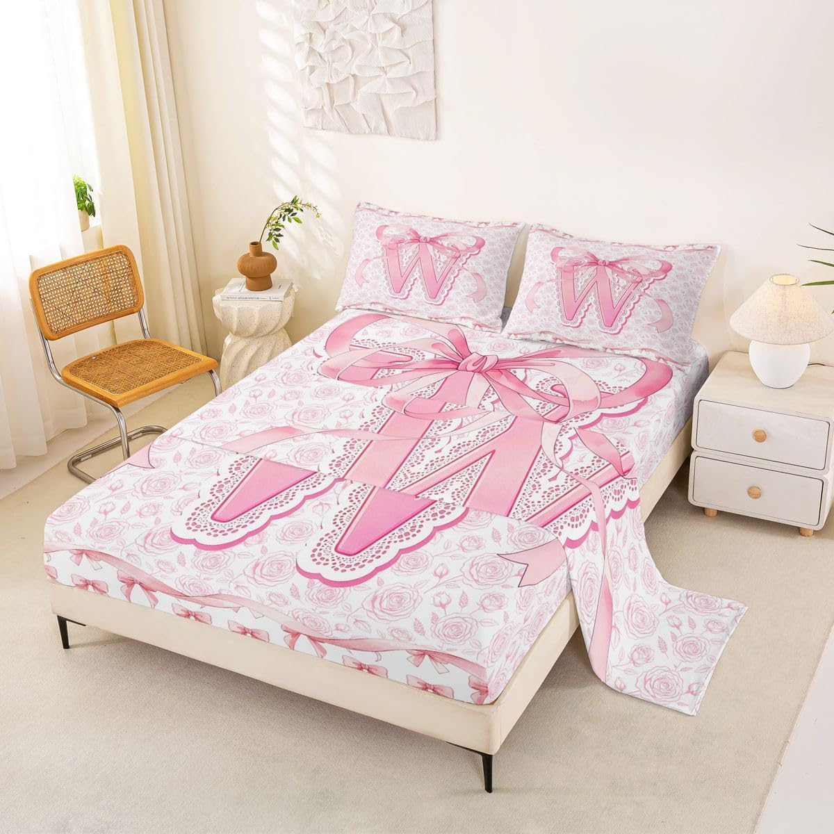 Erosebridal Elegant Initial Letter W Monogram Bed Sheets Set Pink Bow Queen Sheet Set for Toddler Boys,Floral Rose Print Coquette Aesthetic Preppy Style Lace Trim Girly Cute Flat Sheet