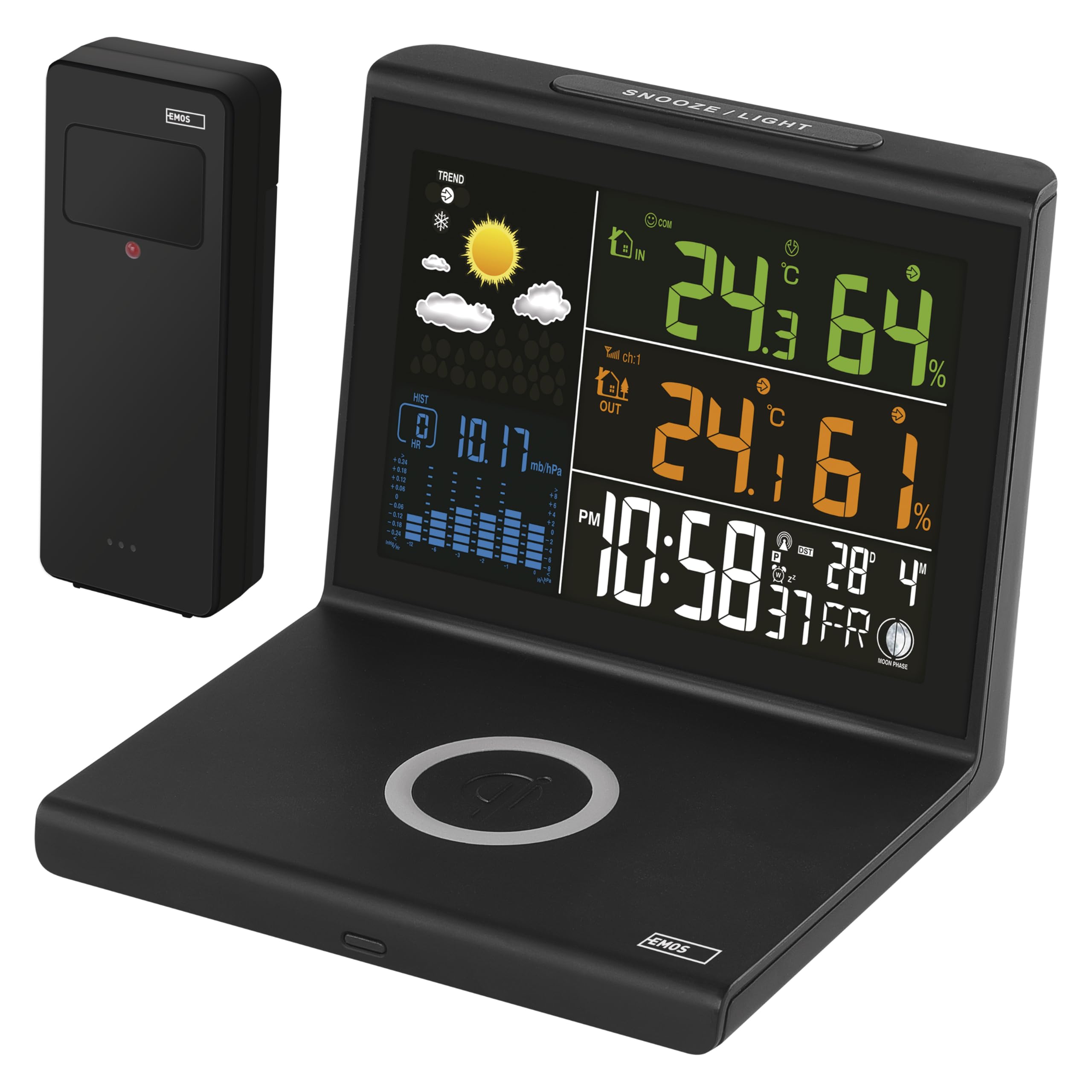 EMOS Stazione meteo radio con caricabatterie Qi senza fili, display a colori VA, alimentatore e sensore esterno, funzioni: termometro, igrometro, previsioni meteo, indicatore orologio DCF, sveglia