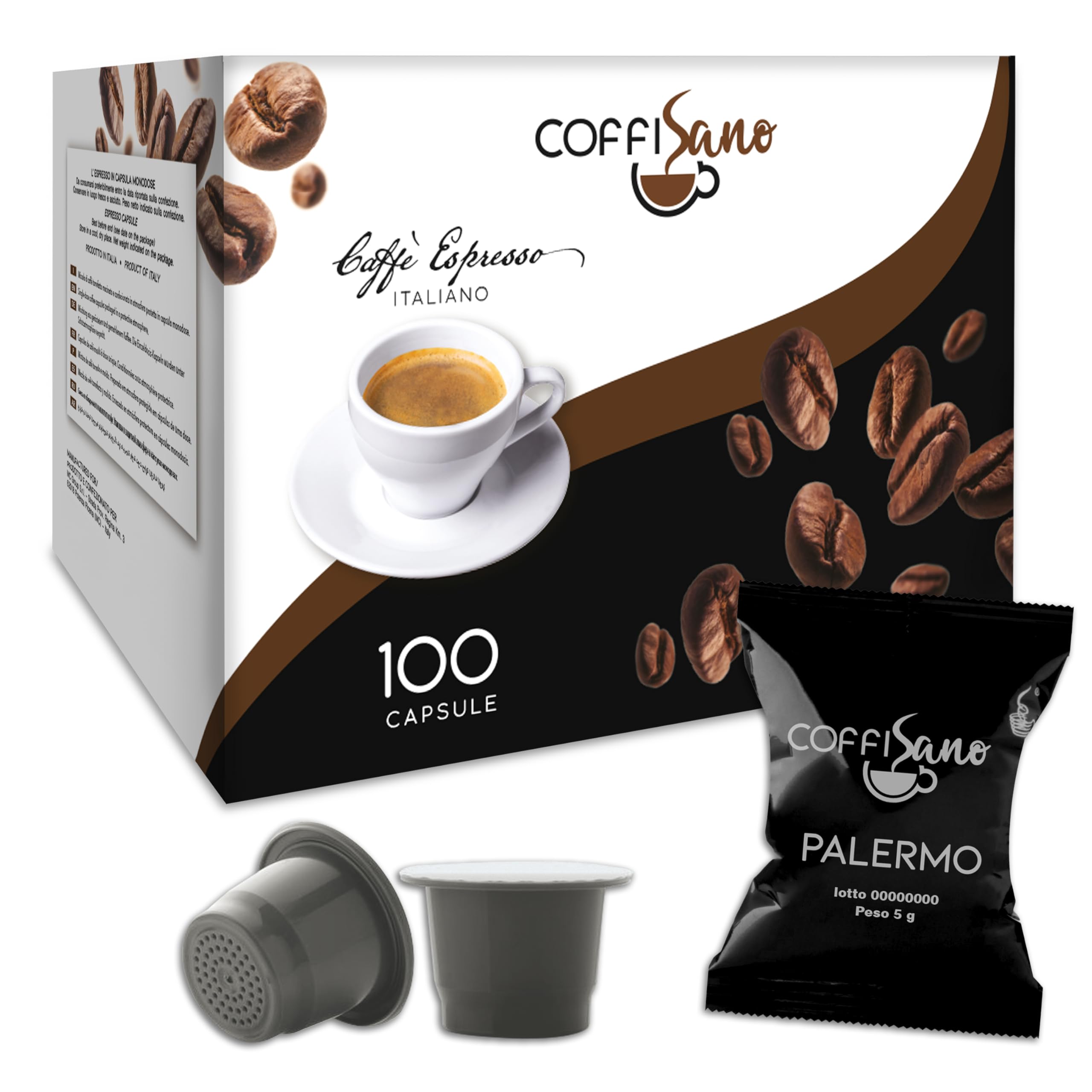 COFFISANO 100 Capsule di Caffè Compatibili con Nespresso Miscela Palermo - Espresso Monodose Italiano, Aroma Sapore Intenso e Corposo