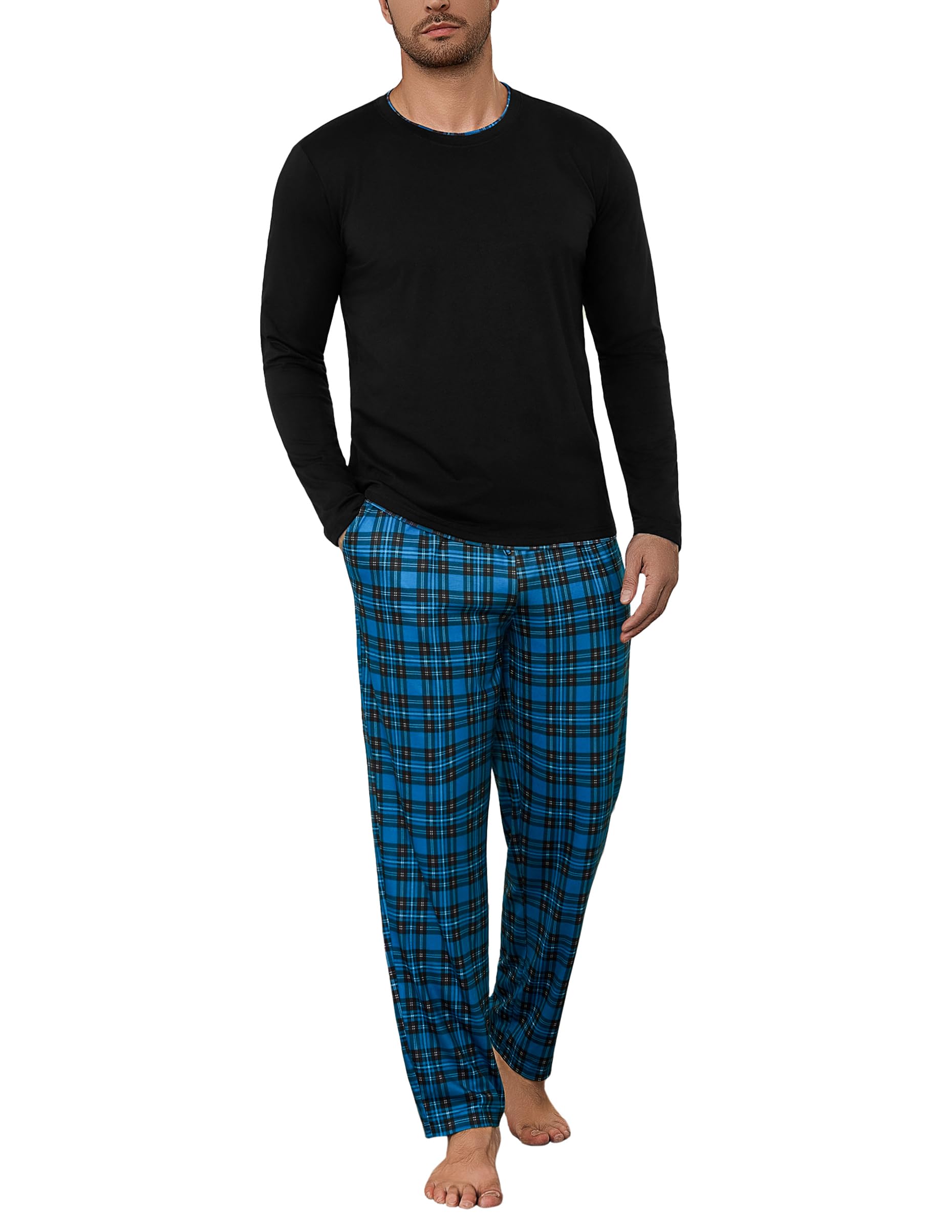 Litherday Pigiama Uomo Invernale Cotone Lungo Pajamas Due Pezzi Maniche Lunghe Pantaloni Lunghi Pigiami Morbido Loungewear con Tasche