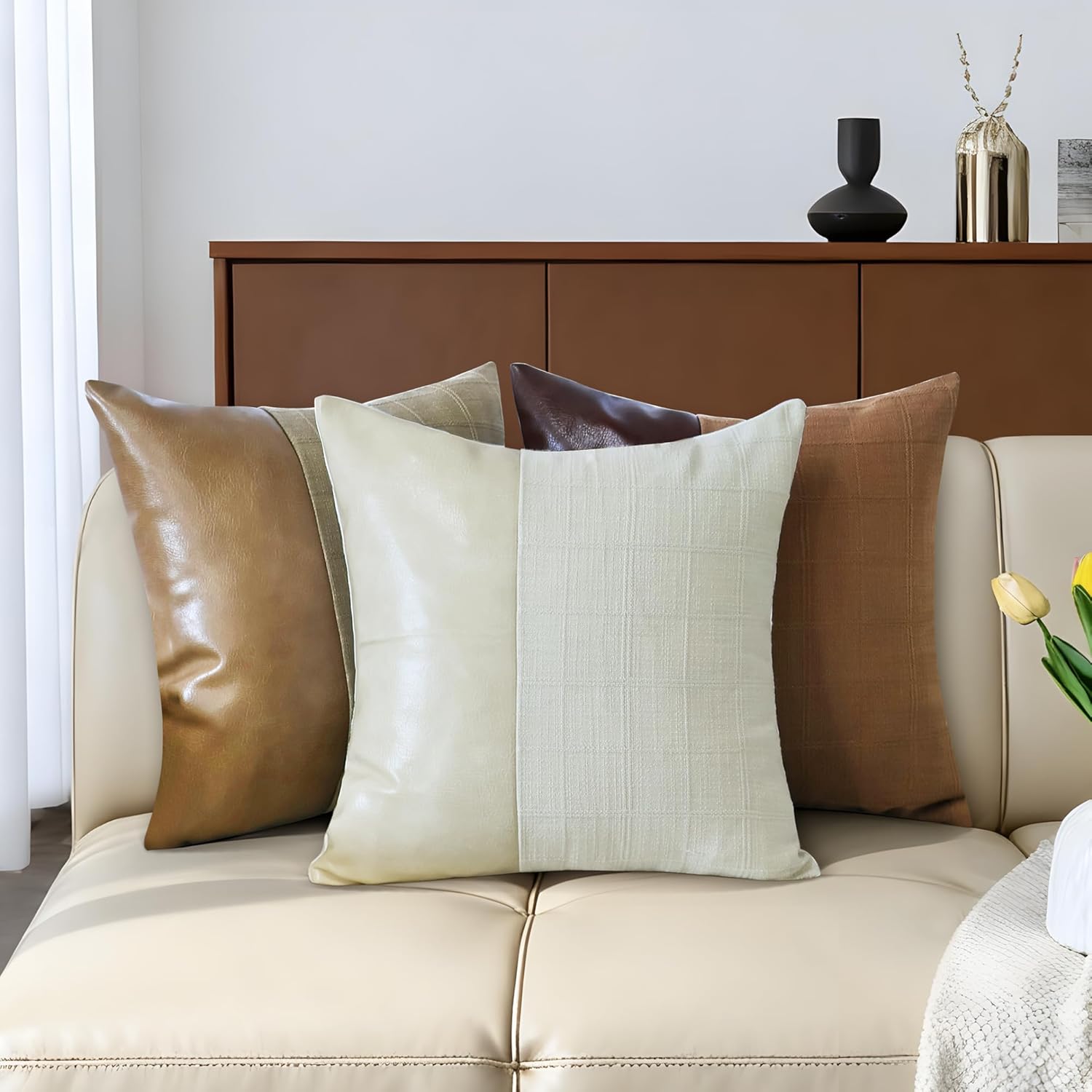 Set of 2 Faux Leather Patchwork Linen Plaid Pillow Cover 18x18 Inch, Beige Decorative Throw Pillow Covers Modern Farmhouse Boho Accent Cushion Cover for Couch Sofa Bed Living Room - Image 3