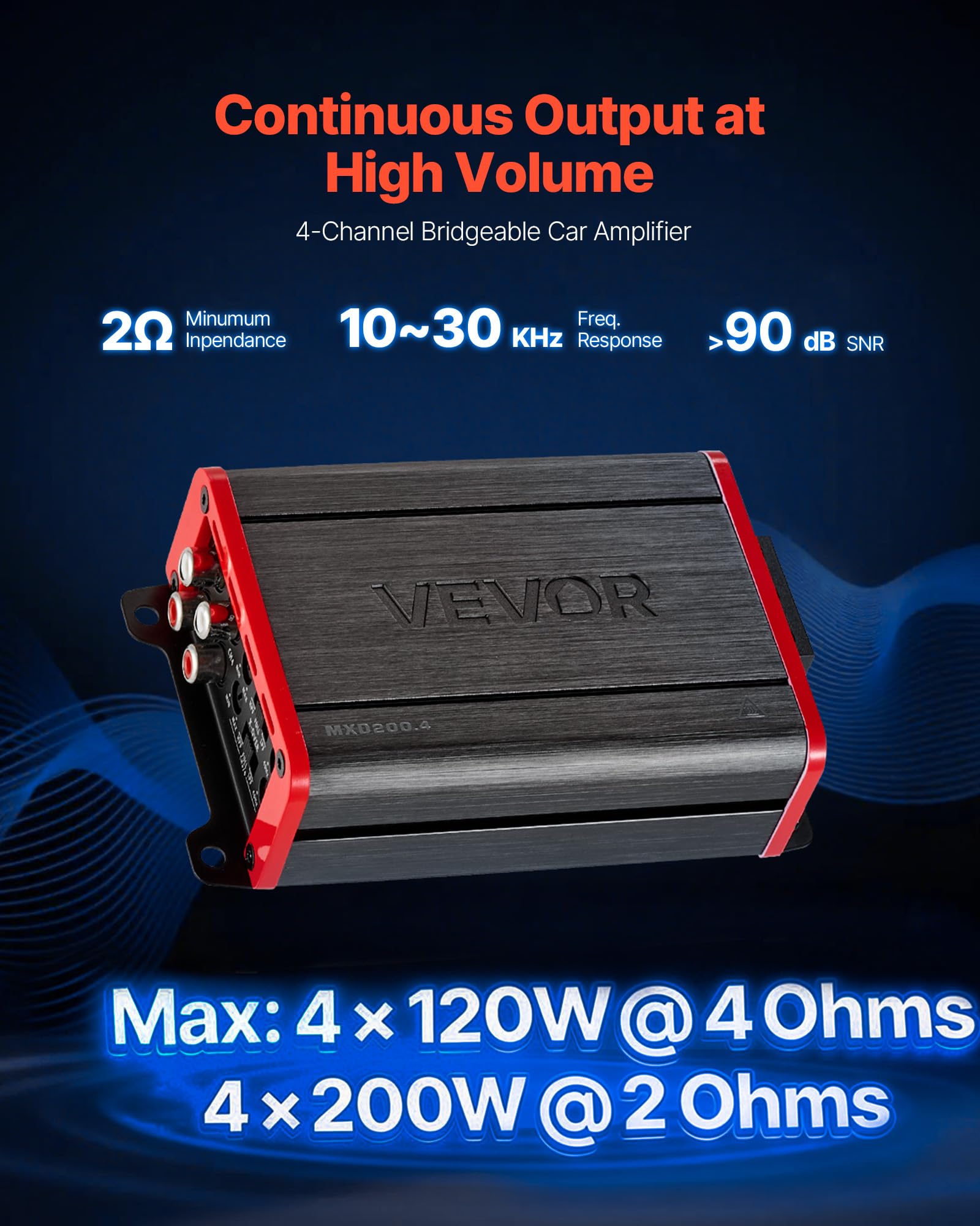 VEVOR Amplificador para Automóvil 4 Canales Puenteable Clase D, Máximo 4 x 120W a 4 ohmios y 4 x 200W a 2 ohmios, Amplificador Estéreo de Audio para Coche para Vehículo Todoterreno Camioneta SUV Sedán