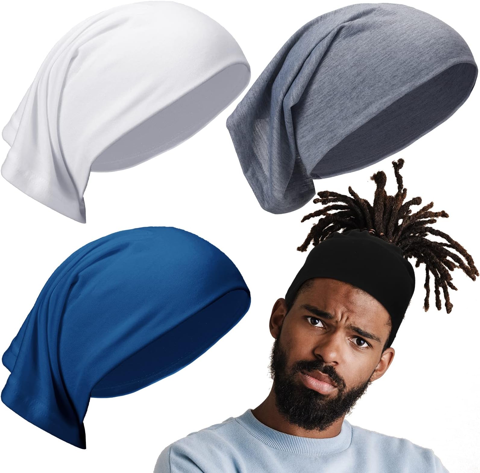 4 Packs DreadLocks Tube Sock Wide Elastic Headband Loc Cap Long Hair Dreads Satin Head Wrap Unisex Spandex for Women Men Sleeping (Black, White, Grey and Blue,12 x 9.8 Inches)