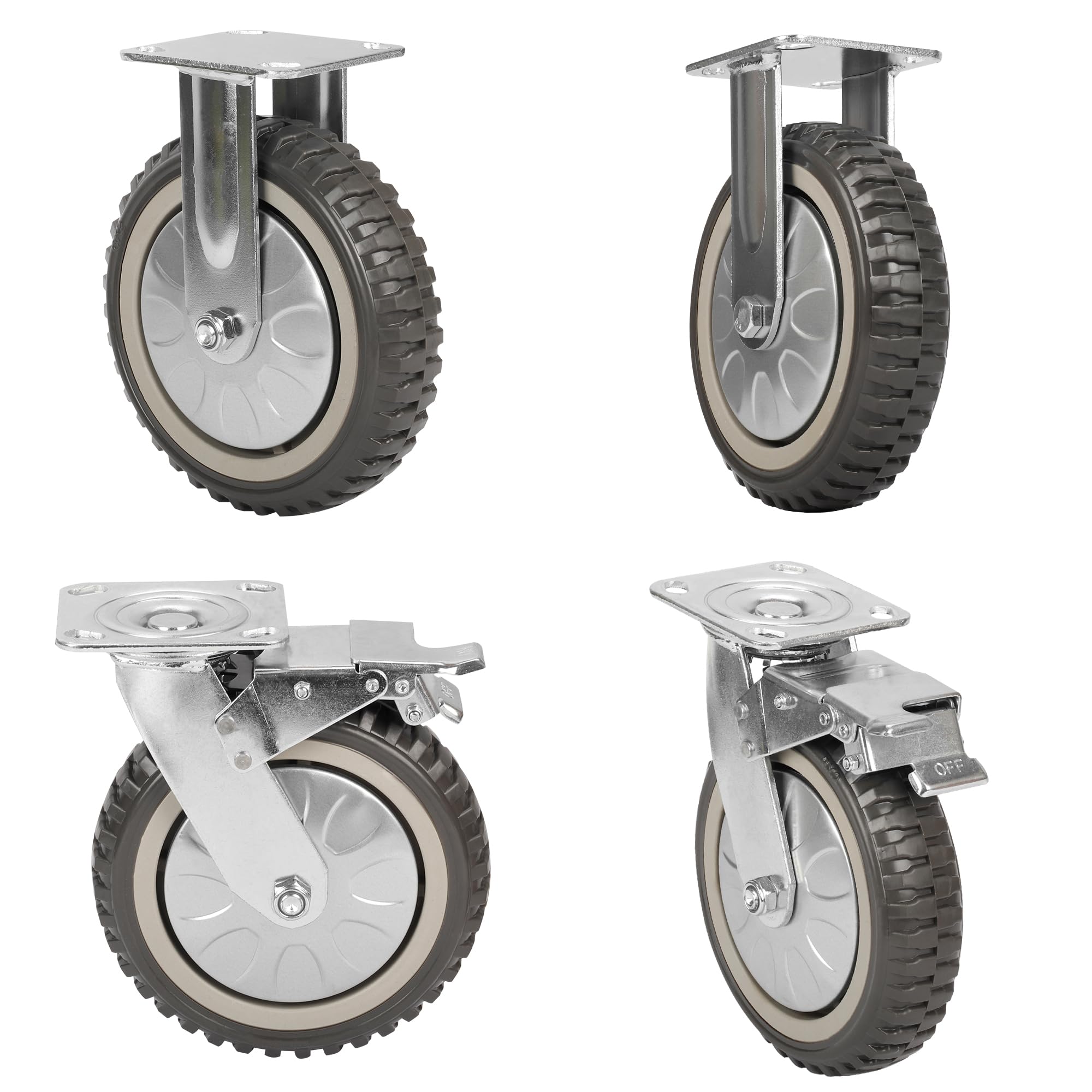 Lesolar 4 Pack 8 Inch Heavy Duty Castors 200mm Solid Rubber Industrial Castors 360-degree Swivel Casters Bearing Plate Caster Wheels Load Capacity 1400 Kg 2 Fixed (No Brake) + 2 Swivel with Brake