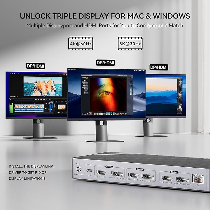 Minisopuru DisplayLink Docking Station, Triple Monitores 8K/4K, 140W Carga miniatura 3