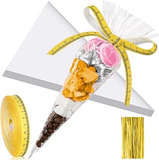 Reallnaive 200 Pcs 6.3 x 11.8 Inch Back to School Cone Cellophane Bags Pencil Cone Shaped Treat Bags with 2 Rolls Ribbon Triangle Plastic Clear Favor Supplies Decorations for Party Snacks Bakery