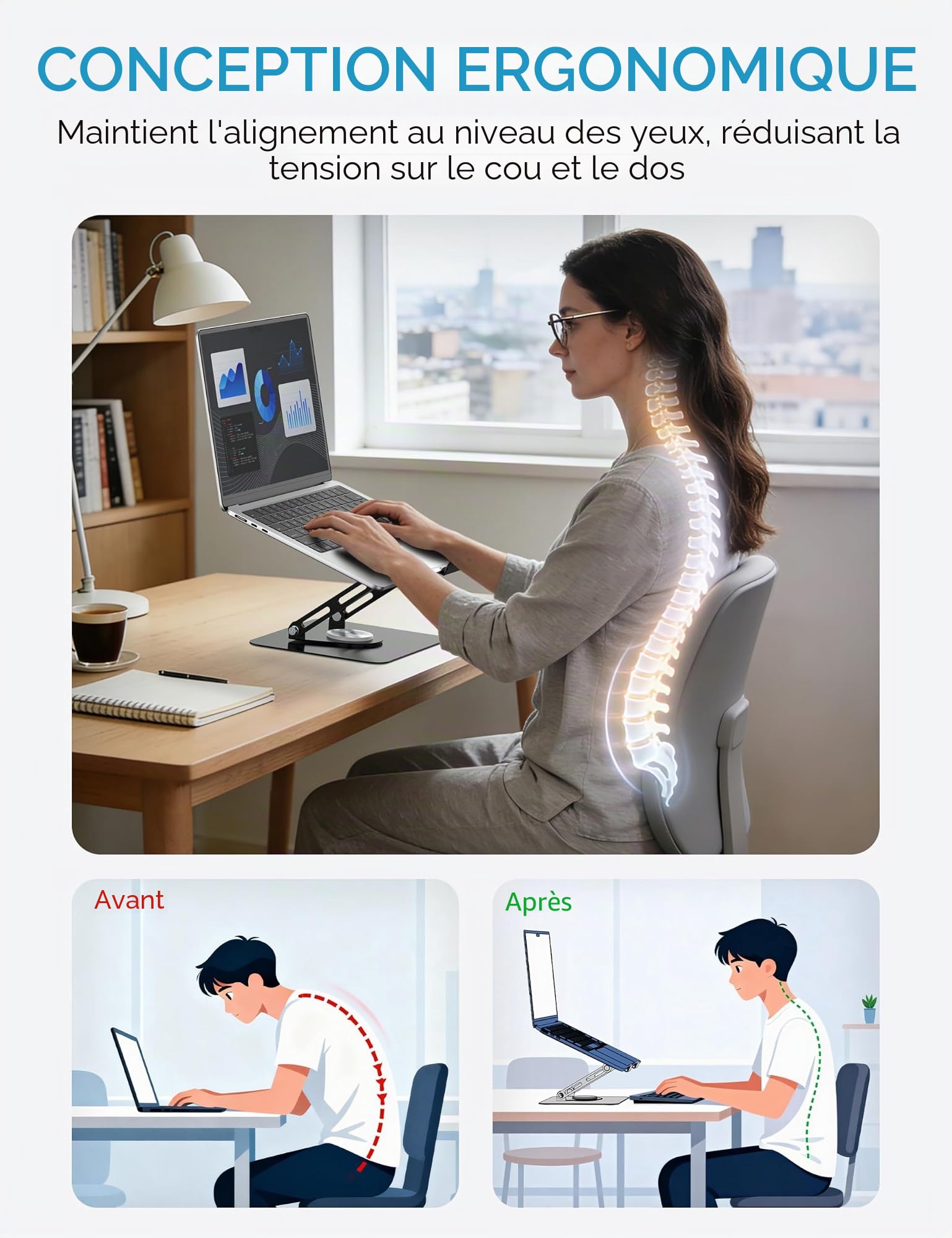 SOUNDANCE Support pour Ordinateur Portable avec Base rotative à 360°, rehausseur Ergonomique pour Bureau, Hauteur réglable Multi-Angle, Support Pliable, Support en métal Stable de 10 à 15,6", Noir