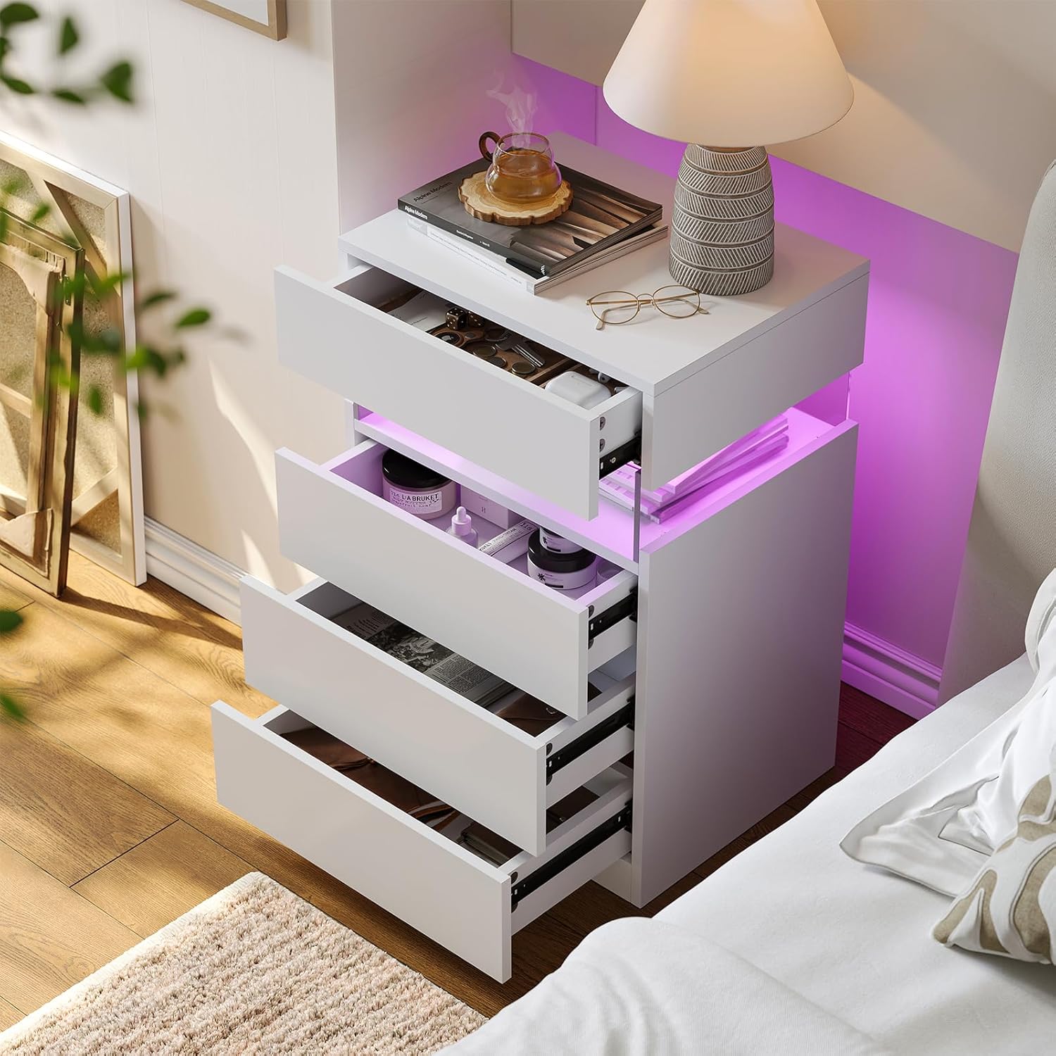 Bingoday White Nightstand 30 inches Tall,Modern Night Stand with 4 Drawers,LED Nightstand,Large Capacity,Multi-Color LED Lights,End Side Table for Bedroom