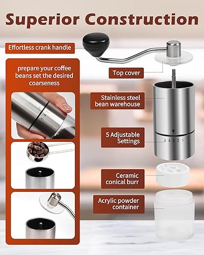 Miniatura 4 de Molinillo de café manual con rebabas de cerámica para expreso, prensa francesa, 5 ajustes ajustables, máquina de mano con rebabas integradas, para