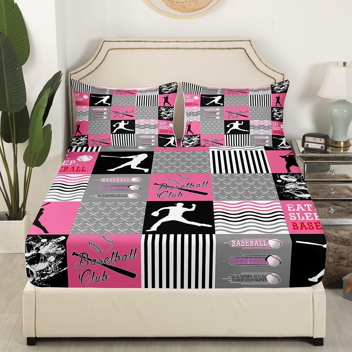jejeloiu Baseball Bed Sheets Set Queen Size for Kids Teens Girls Woman Sports Theme Fitted Sheet Gift for Baseball Lover Bedding Set Softball Bed Cover Room Decor Sports Game