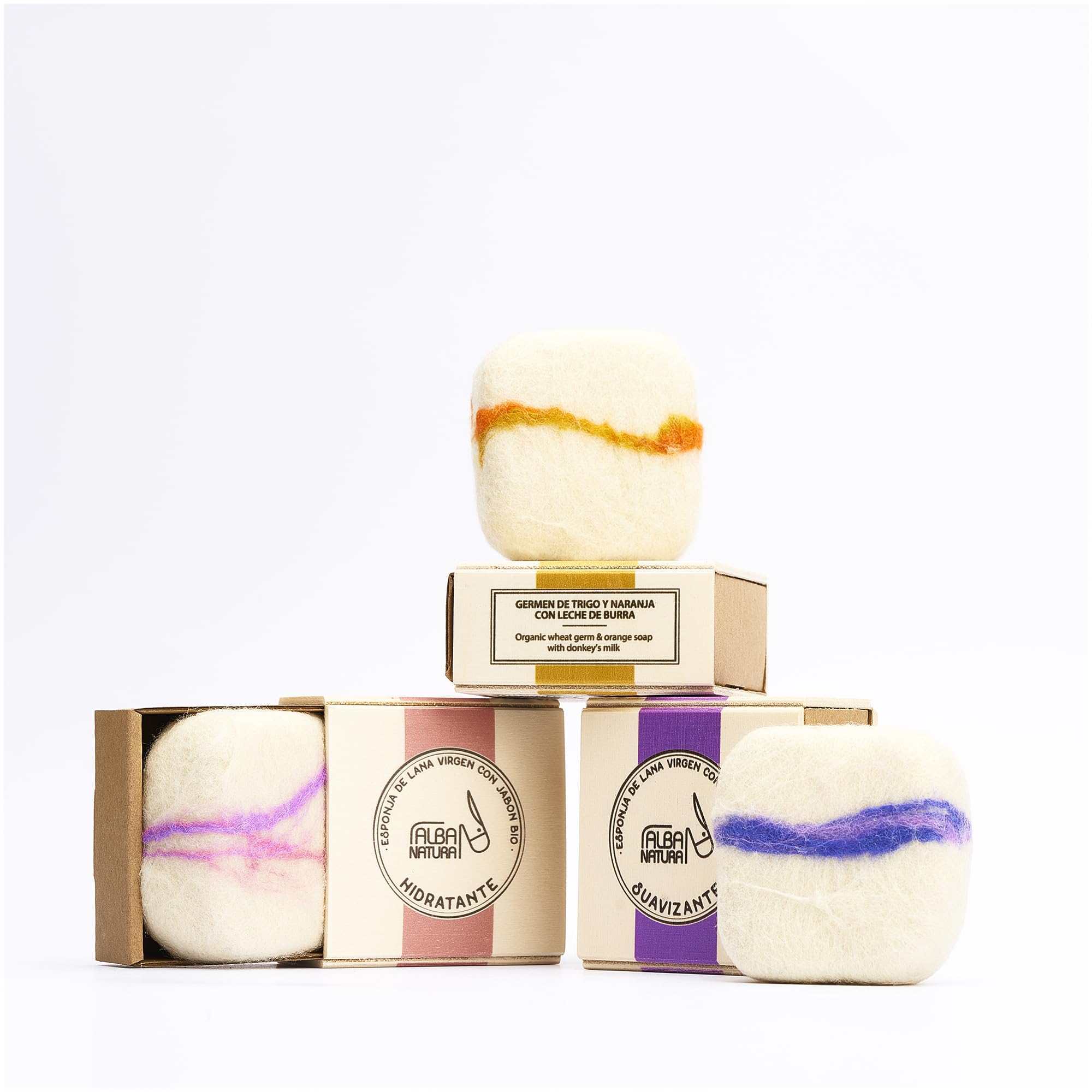 Pack de 3 Esponjas Con Jabón Limpiador Corporal - Hechas de Lana Virgen - Limpieza y Exfoliación Natural - Cuidado Todo Tipo de Pieles - ALBA NATURA