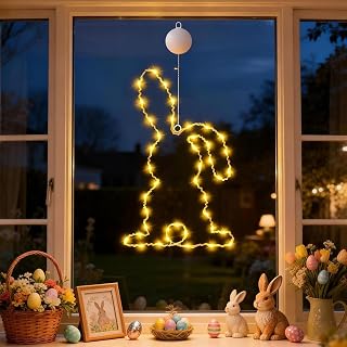 Easter Bunny Window Decorations Lights 1 Pack,12.6" LED Spring Glass Window Silhouette Decor,Battery Powered, 8 Mode Twinkle Light for Wall Mantel Indoor Outdoor Decoration