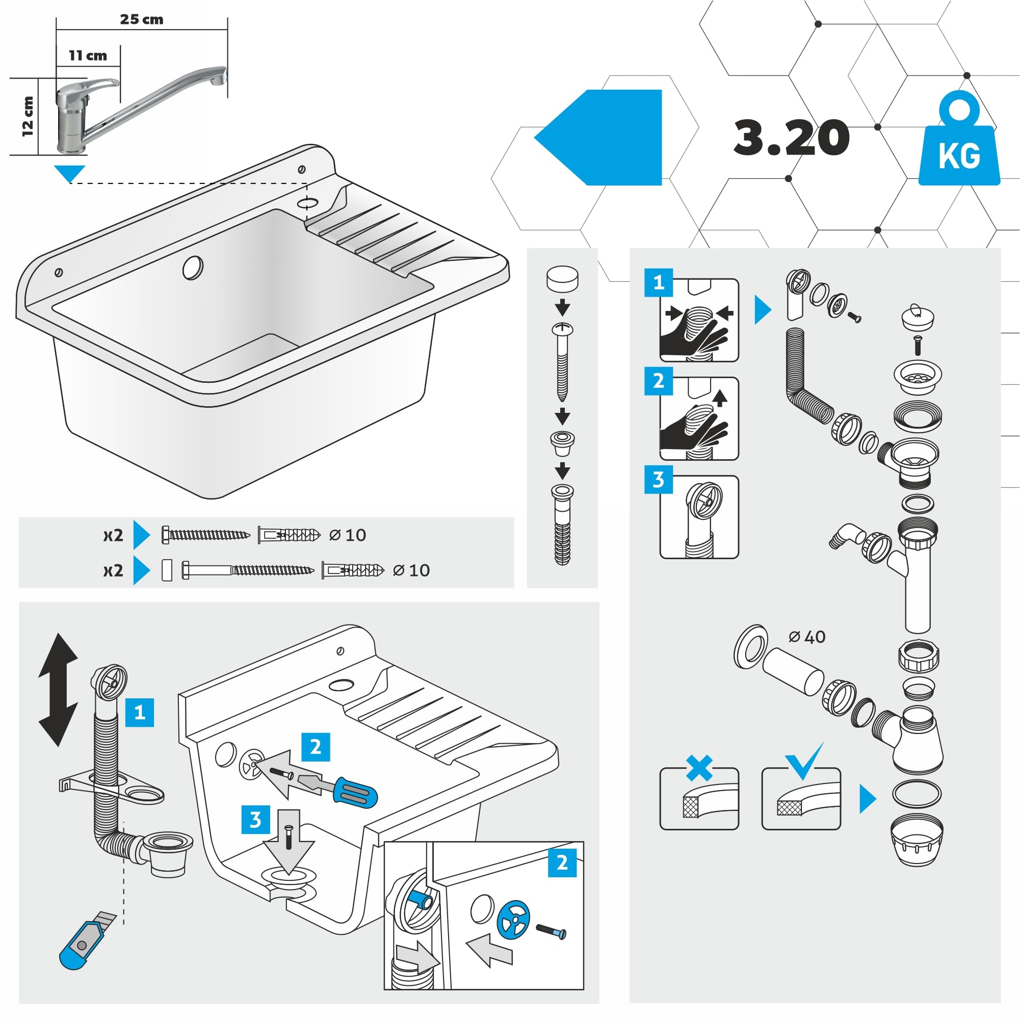 GOSPO Fregadero de polipropileno, 50,4 x 34 x 26,5 cm, fregadero con sifón y kit de montaje, lavabo, lavabo, lavabo, lavabo (blanco)
