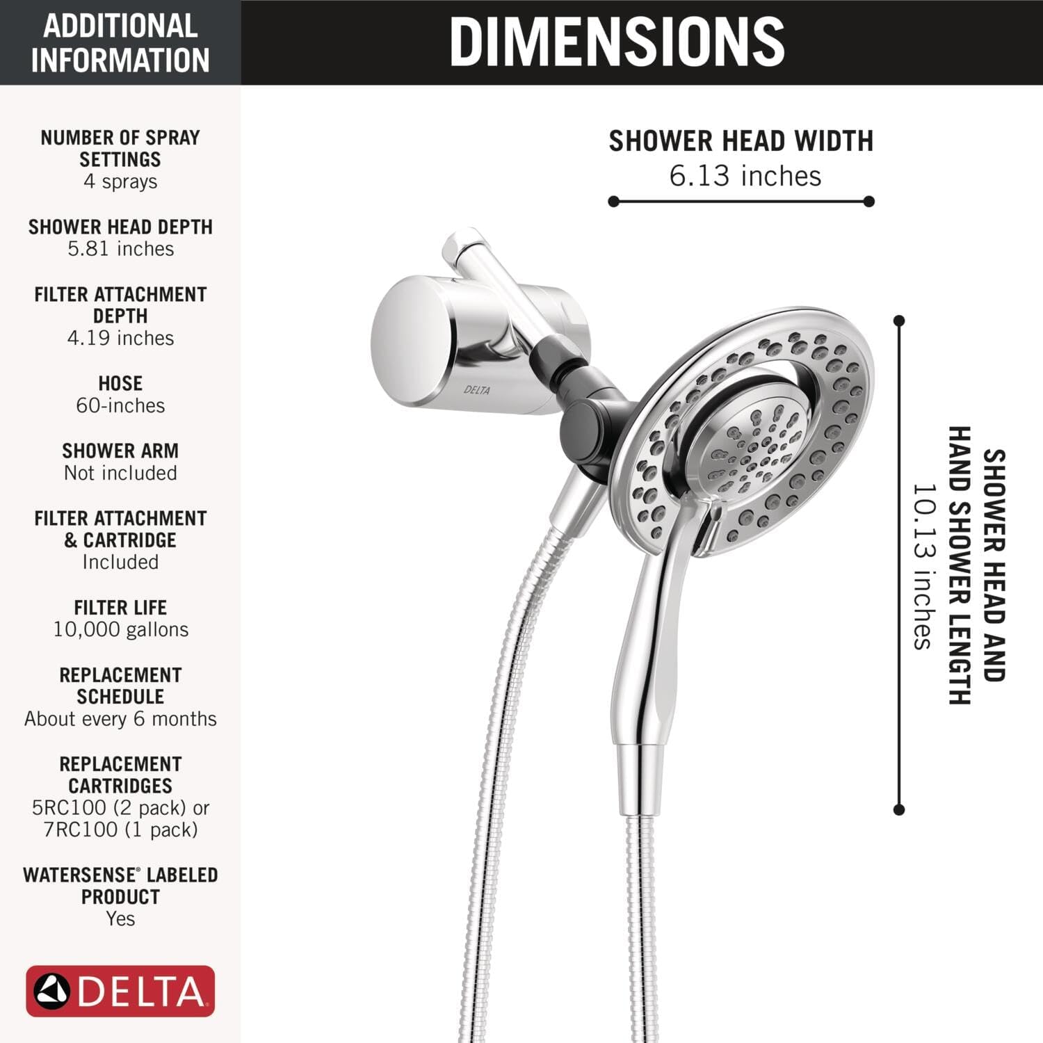 Delta Faucet 4-Setting In2ition 2-in-1 Dual Shower Head with Clarifi Standard Shower Filter Attachment and Filter, Chrome Shower Head with Filter, Filtered Shower Head, Chrome 7SF110B