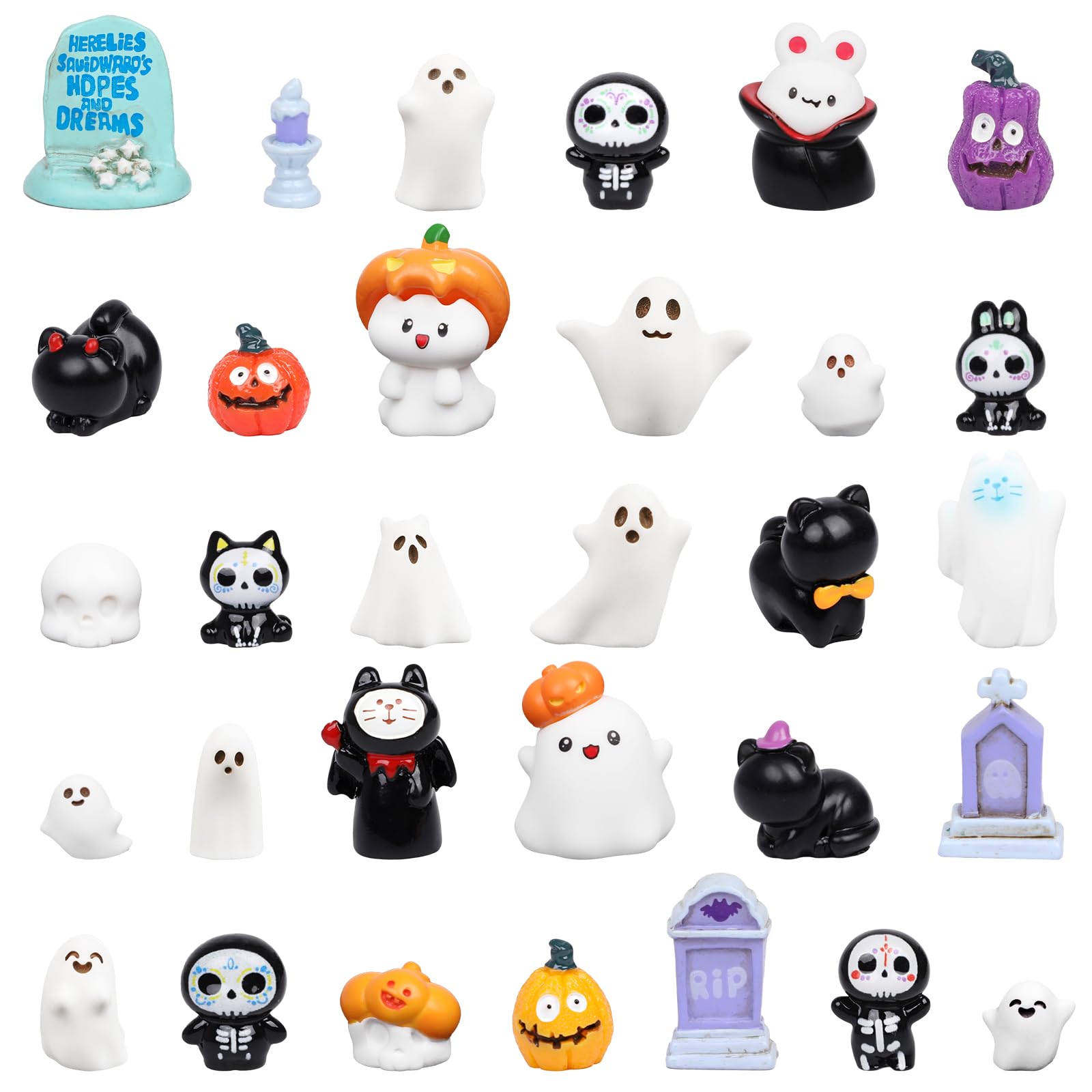 FINGOOO 40 Pcs Halloween Resin Ornament, Halloween Tableware Assorted Pumpkin, Ghost, Tomb, Skeleton, Black Cat, Vampire Cat for Mini Display Home Decor
