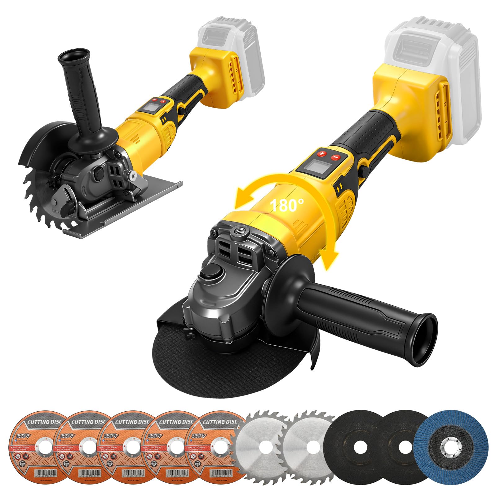 Amoladora angular inalámbrica 2 en 1 de 125 mm y sierra circular para Dewalt 20 V máximo (sin batería), rotación de 180° e inclinación de 45°, 3 velocidades 9300 rpm, sin escobillas con pantalla LED