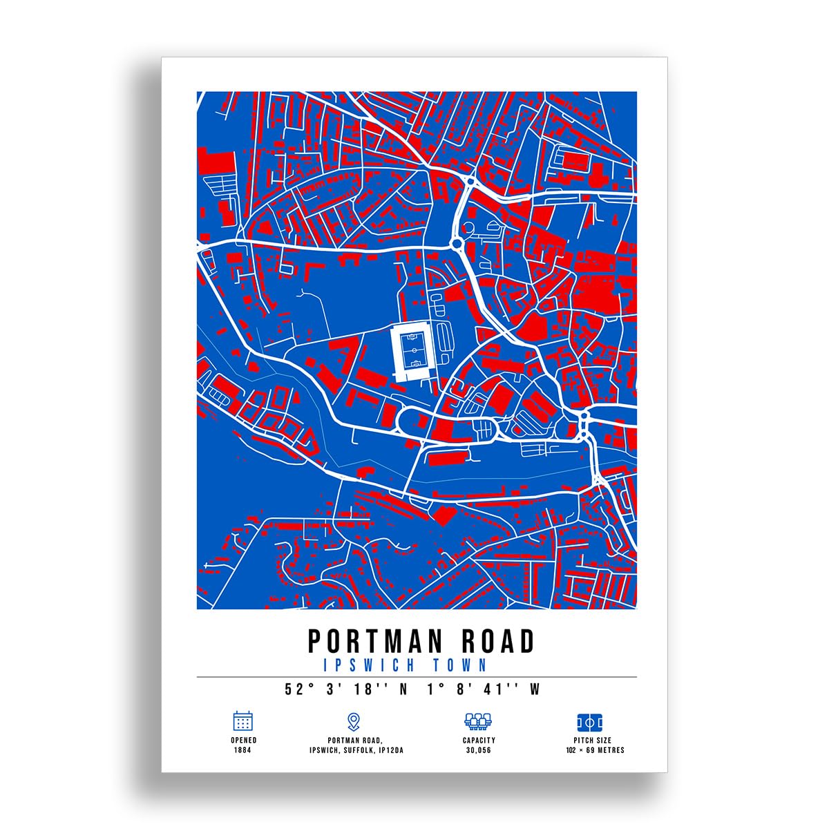 Mounted Gifts Trading A3 Poster Only Portman Road Stadium Map Minimalist A4/A3 Poster Photo Print Framed Gift Ipswich Town (A3 Poster Only)